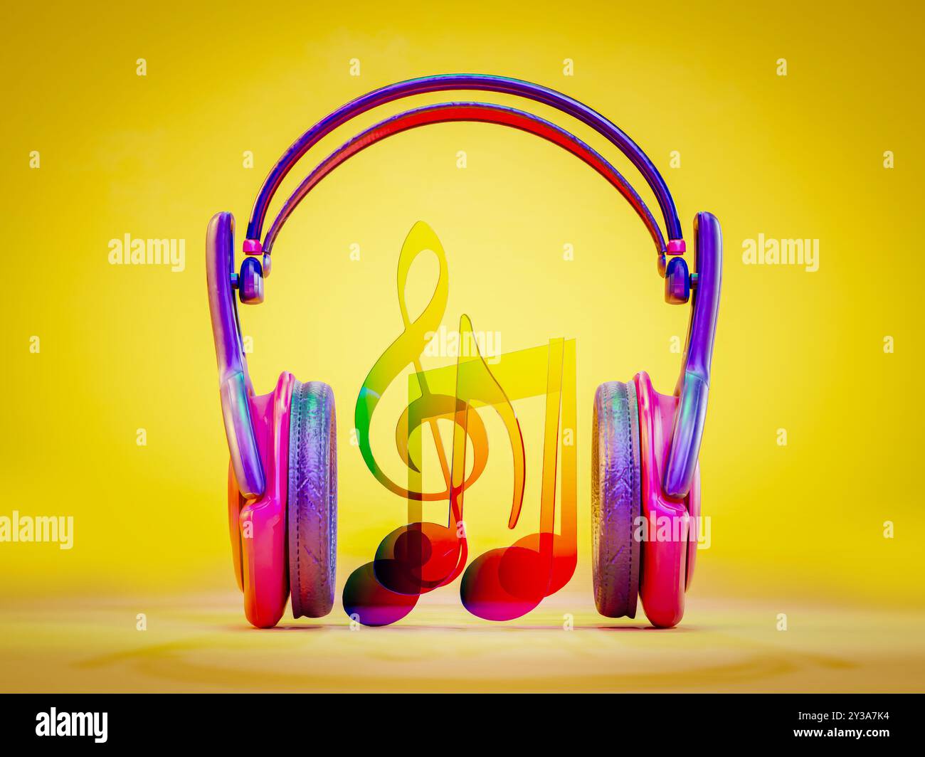Kopfhörer und Musiknotizen dazwischen auf gelbem Hintergrund Stockfoto