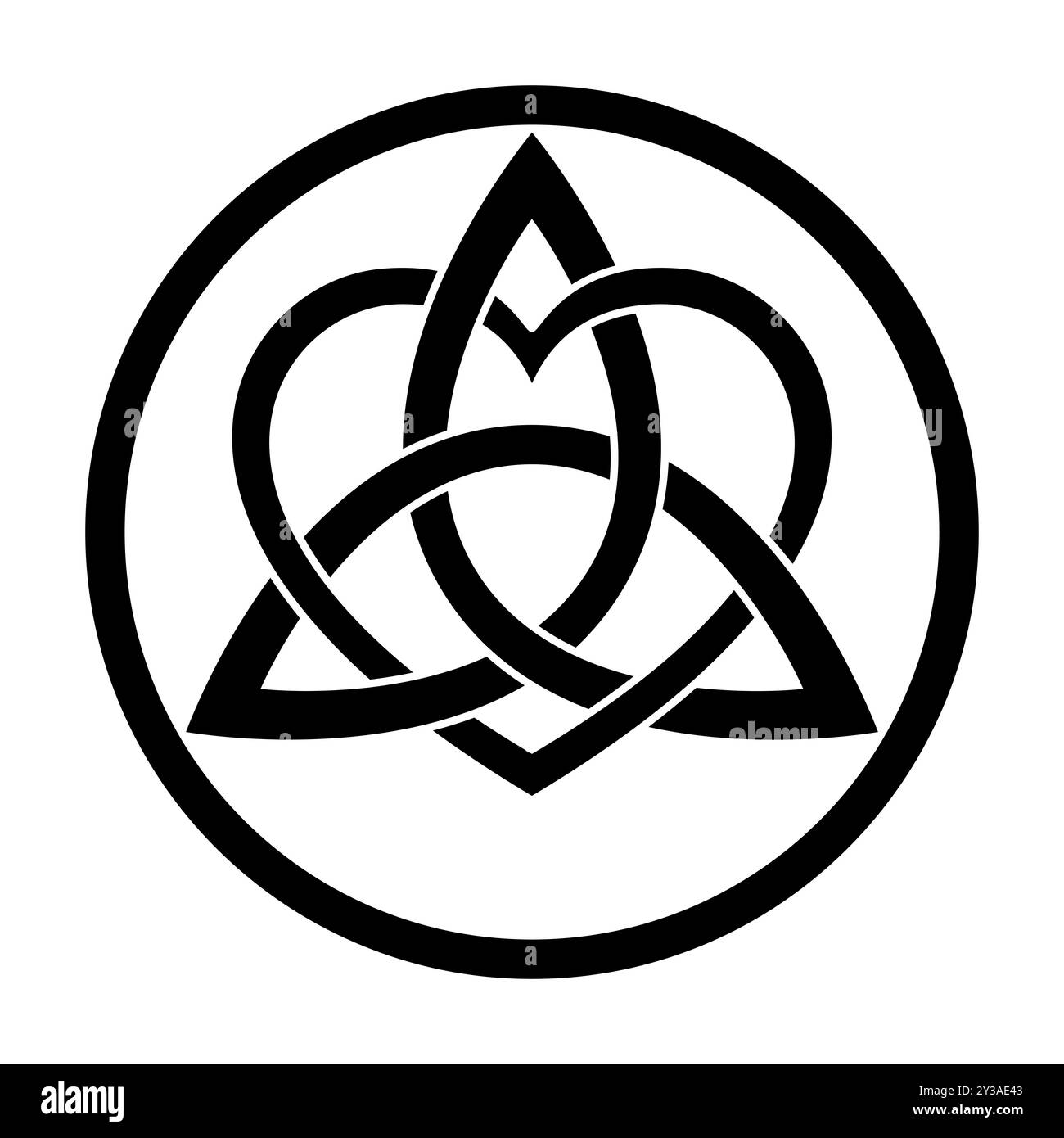 Verflochtenes Triquetra, verwoben mit Herzsymbol, innerhalb eines Kreisrahmens. Keltischer Knoten und dreieckige Figur, verwendet in alten christlichen Ornamenten. Stockfoto