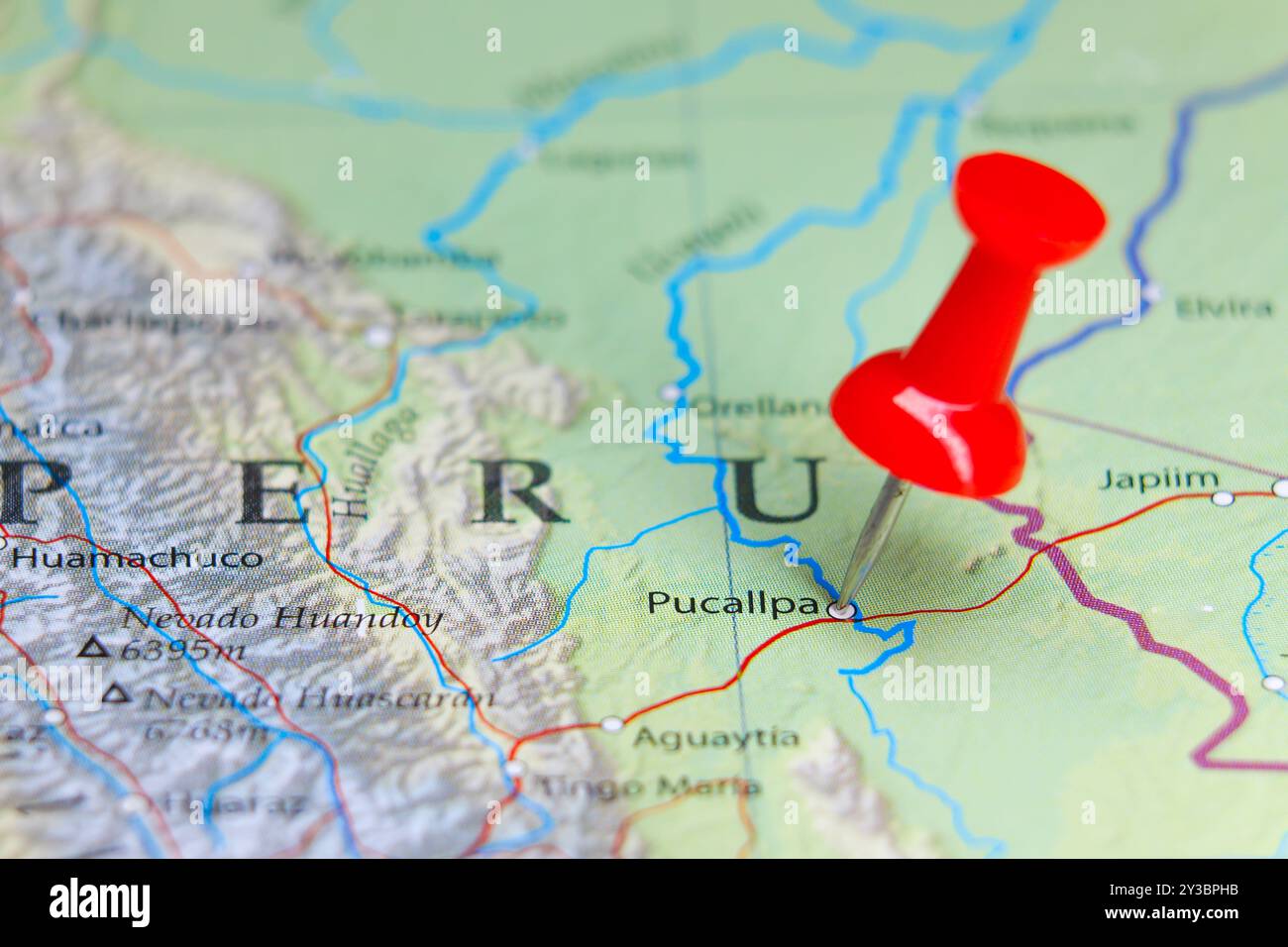 Pucallpa, Peru Pin auf der Karte Stockfoto