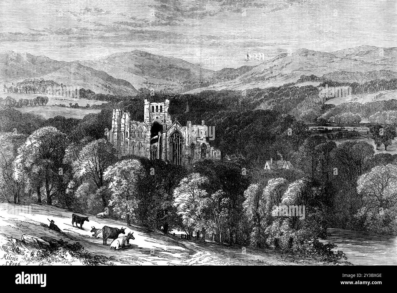 Melrose Abbey, 1871. Blick auf die Ruinen der Melrose Abbey in der schottischen Grenze, die 1136 von Zisterziensermönchen gegründet wurde. Aus Illustrated London News, 1871. Stockfoto