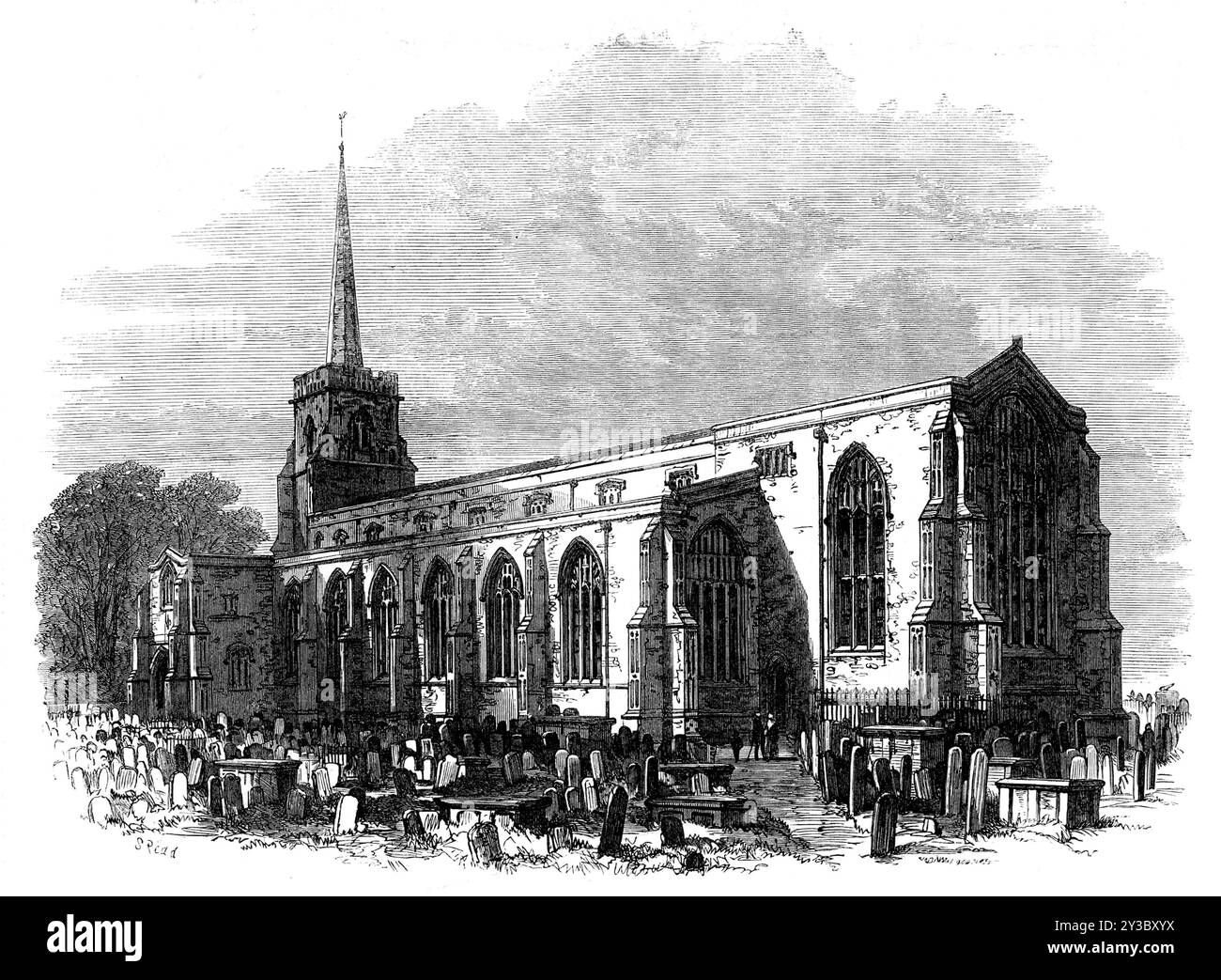 St. Margaret's Church, Lowestoft, kürzlich restauriert, 1871. "Die Mauern des Südschiffs und der Südarkade waren viele Jahre in einem gefährlichen Zustand, überhängten ihre Stützpunkte bis zu einem Ausmaß von 21 Zoll und bedrohten die Sicherheit derer, die vorbeikamen... das Südschiff und die Südarkade wurden komplett umgebaut. und so sorgfältig, dass es selbst für einen Stadtbewohner schwer ist zu glauben, dass sie einen neuen Bau bilden... das Innere wurde ebenfalls komplett restauriert... die Reredos aus Caen-Stein sind in eine Mitte und zwei Seitenpaneele unterteilt und sollen Gemälde in Powells Patent erhalten Stockfoto