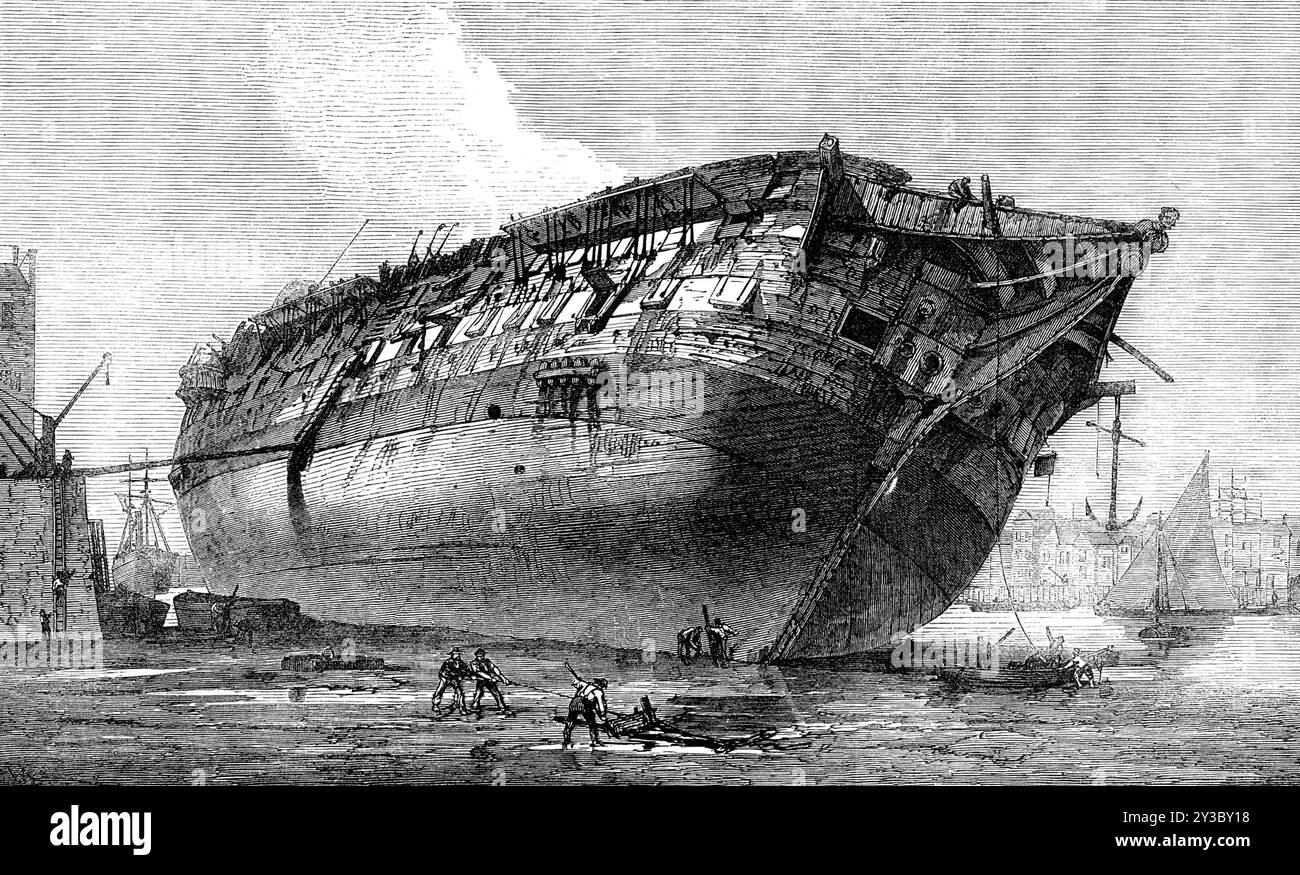 Die Trennung von H.M.S. Queen in Rotherhithe [on the Thames in London], 1871. 'Dem Tod eines Schiffes... folgt normalerweise kein christliches Begräbnis, obwohl eine Zeremonie zur Nachahmung der christlichen Taufe bei ihren birth...in neunundneunzig von hundert Fällen durchgeführt wurde, als der sterbliche Rahmen, der so lange auf dem Ozean schwamm, durch das Alter geschwächt wird, rücksichtslos dem "Aufbrecher" übergeben wird, während ein altes Pferd an den "Knacker" verkauft wird. Die Kupferummantelung, die Eisenbeschichtung,... die Holz aus Teakholz und Eiche sind wertvoll für die Materialien einer neuen Struktur. Der Shi Stockfoto