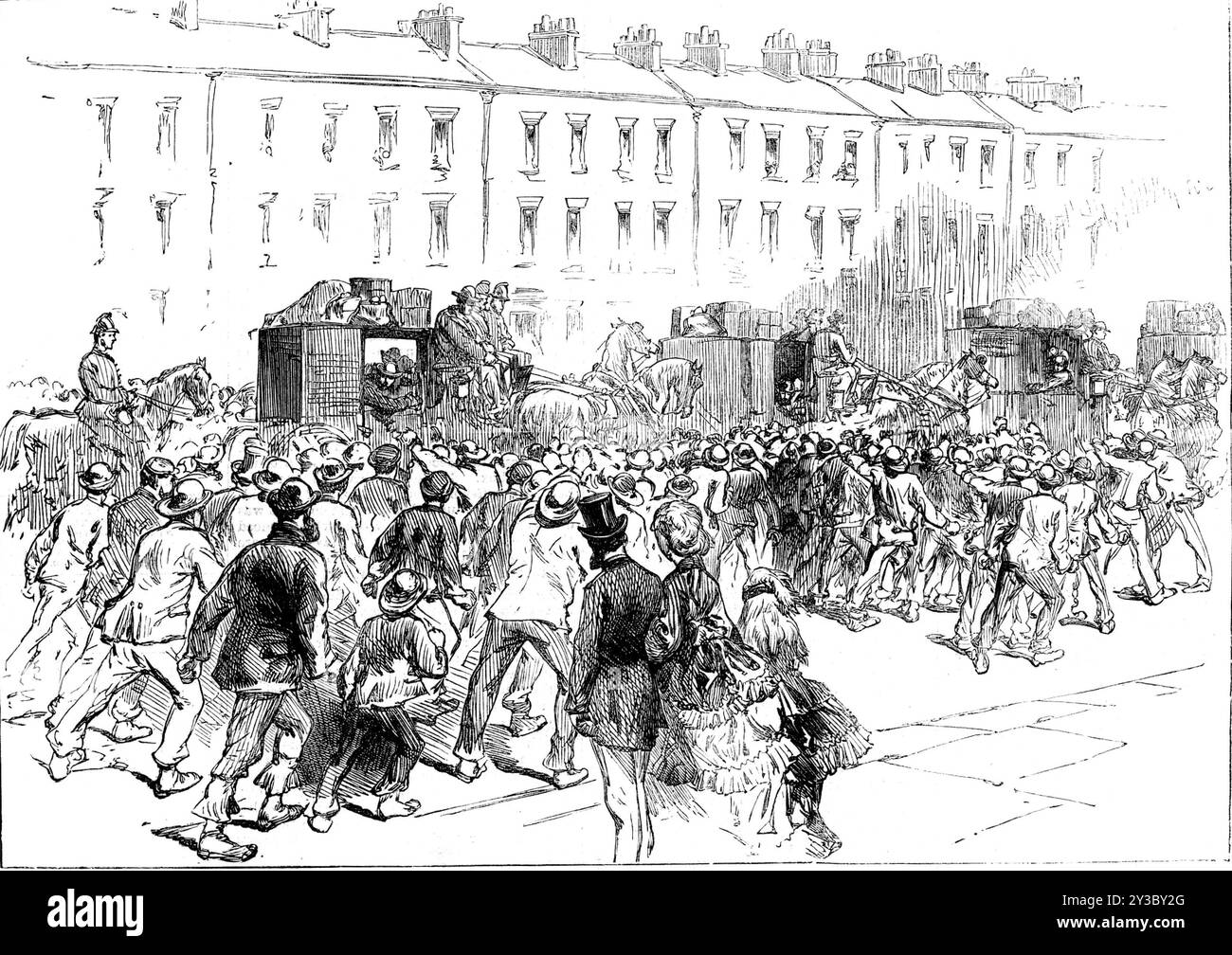 Der Streik der Ingenieure in Newcastle: Ankunft ausländischer Arbeiter, 1871. Streitigkeit zwischen „Gesellen, „Ingenieuren“ oder vielmehr Maschinenbauern und ihren Arbeitgebern...[in Bezug auf eine vorgeschlagene Reduzierung der normalen Arbeitsmenge für den regulären Wochenlohn von 59 auf 54 Stunden... die Männer wären in den meisten Fällen dazu bereit, mehr Stunden zu arbeiten, würden aber erwarten, dass sie eine zusätzliche Summe für die Arbeit über Zeit erhalten würden... der Fall im Namen der Arbeitgeber hat been...set weiter von Mr. George Robert Stephenson und Sir William Armstrong auf der anderen Seite Stockfoto