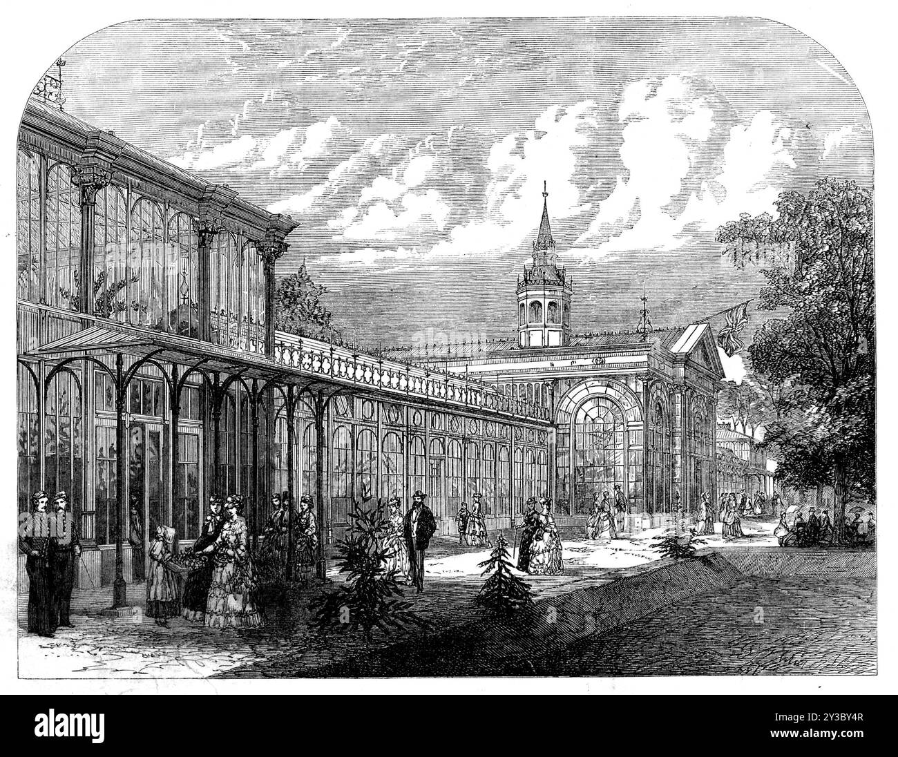 Der Pavillon in den öffentlichen Gärten, Buxton, Derbyshire, 1871. "Die Attraktivität von Buxton für die Vergnügungs- oder Gesundheitssuchenden, die sich aus allen Teilen des Landes an diesem angenehmen Ort des Resorts versammeln, wurde in dieser Saison durch die Eröffnung der neuen öffentlichen Gärten und Pavillons, die zu einem Preis von £12.000, auf dem Land, das der Herzog von Devonshire gegeben hat, fertiggestellt wurden... das Gelände... wurde geschmackvoll und geschickt von Mr. Edward Milner, Landschaftsgärtner und Gartenarchitekten, gestaltet. der bei der Gestaltung des Crystal Palace-Geländes beschäftigt war... Messrs Wade, aus Manchester, W. Stockfoto