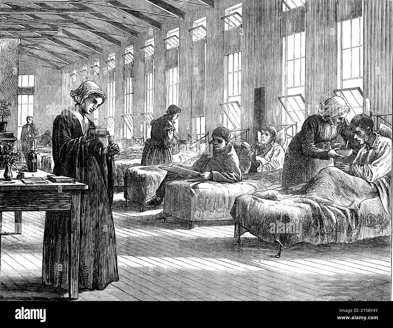 Eine Station im Hampstead Pockenkrankenhaus, [London], 1871. „Die Tageszeitungen haben viele ihrer Kolumnen gefüllt... mit den schmerzhaften Details der Beweise, die in der Untersuchung des lokalen Regierungsrats (kürzlich das Pockenkrankenhaus genannt) in Bezug auf die Anklagen mehrerer medizinischer Herren gegen die Verwaltung dieses Krankenhauses erhoben wurden... das Hampstead Pockenkrankenhaus ist nicht, wie von vielen angenommen, was als freiwilliges Krankenhaus bekannt ist. Es ist nichts mehr oder weniger als eine ärmere Institution. Es ist ein provisorisches Gebäude, errichtet unter den Befugnissen, die dem Armenrat erteilt wurden... um der Epide zu entsprechen Stockfoto