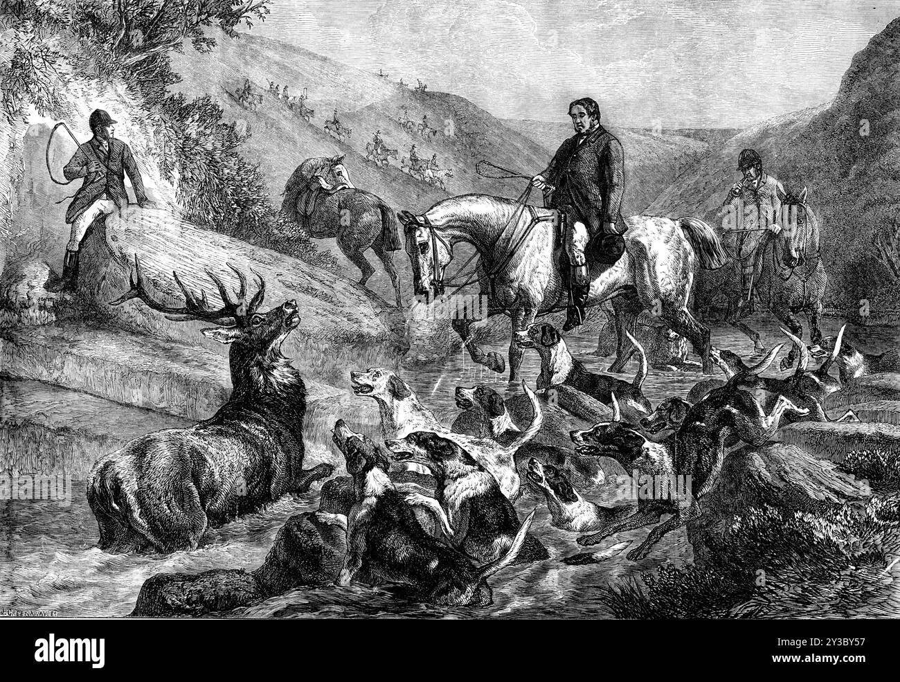 A Mog at Bay on Exmoor Forest, von S. Carter, 1871. Gravur eines Gemäldes. "Das Hirsch auf Exmoor wird nicht, wie in Nordbritannien, durch Schießen getötet, sondern mit einem Haufen Hunden verfolgt, wie dem Fuchs... der Herr der Hunde ist seit 1855 Mr. Mordaunt Fenwick Bisset aus Pixton, dessen öffentliches Engagement das Land für die Erhaltung und Verbesserung der Hirschjagd sehr verschuldet ist. Eine sehr große Anzahl von Herren aus Somersetshire und Devonshire haben sich daher verpflichtet, ihm ein entsprechendes Zeugnis ihrer Wertschätzung zu geben. Dieses Geschenk hat die Gestalt von Mr. Samue angenommen Stockfoto