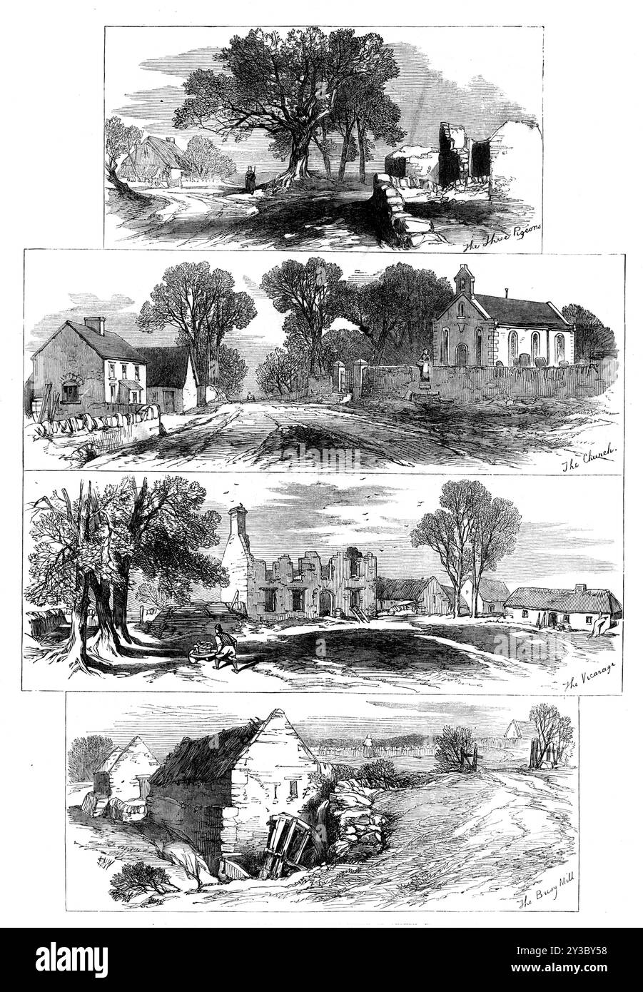 Skizzen von Goldsmiths „Deserted Village“, Lishoy oder Auburn, nahe Athlone, 1871. "Die drei Tauben, die Kirche, das Vikarage und die geschäftige Mühle... im Herzen Irlands, am Rande einer der fruchtbarsten Grafschaften... sind ein oder zwei verstreute strohgedeckte Hütten, fast die Hälfte davon in Ruinen, die entkernten Mauern eines alten Pfarrhauses, eine dachlose Mühle, deren riesiges Wasserrad nur noch ein Bruchstück übrig ist - der Rest wurde als Reliquien weggetragen; und ein kleines öffentliches Haus am Straßenrand. Diese haben die Macht, Pilger aus allen Teilen der Welt anzulocken Stockfoto