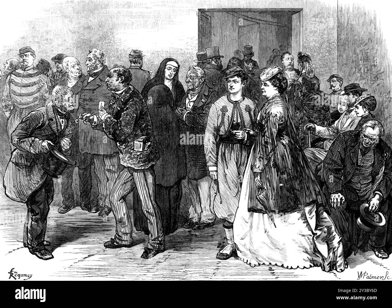 Warteraum der Nationalversammlung in Versailles, 1871. „Der erfahrene Beobachter der öffentlichen Wirtschaft... wird keine Schwierigkeiten haben, die Motive jeder Gruppe zu verstehen. Die extreme Schwierigkeit, alle zufrieden zu stellen oder sich auch für alle zu sorgen, wird von dem schikanierten Mitglied eines politischen Organs, insbesondere in Zeiten des Unbehagens und der Aufregung, schwer wahrgenommen... es ist nicht nur die legitime Ausübung seines Abstimmungs- und Redeprivilegiums auf die Fragen, die möglicherweise Gegenstand einer Debatte sind, die er zu verantworten hat Stockfoto