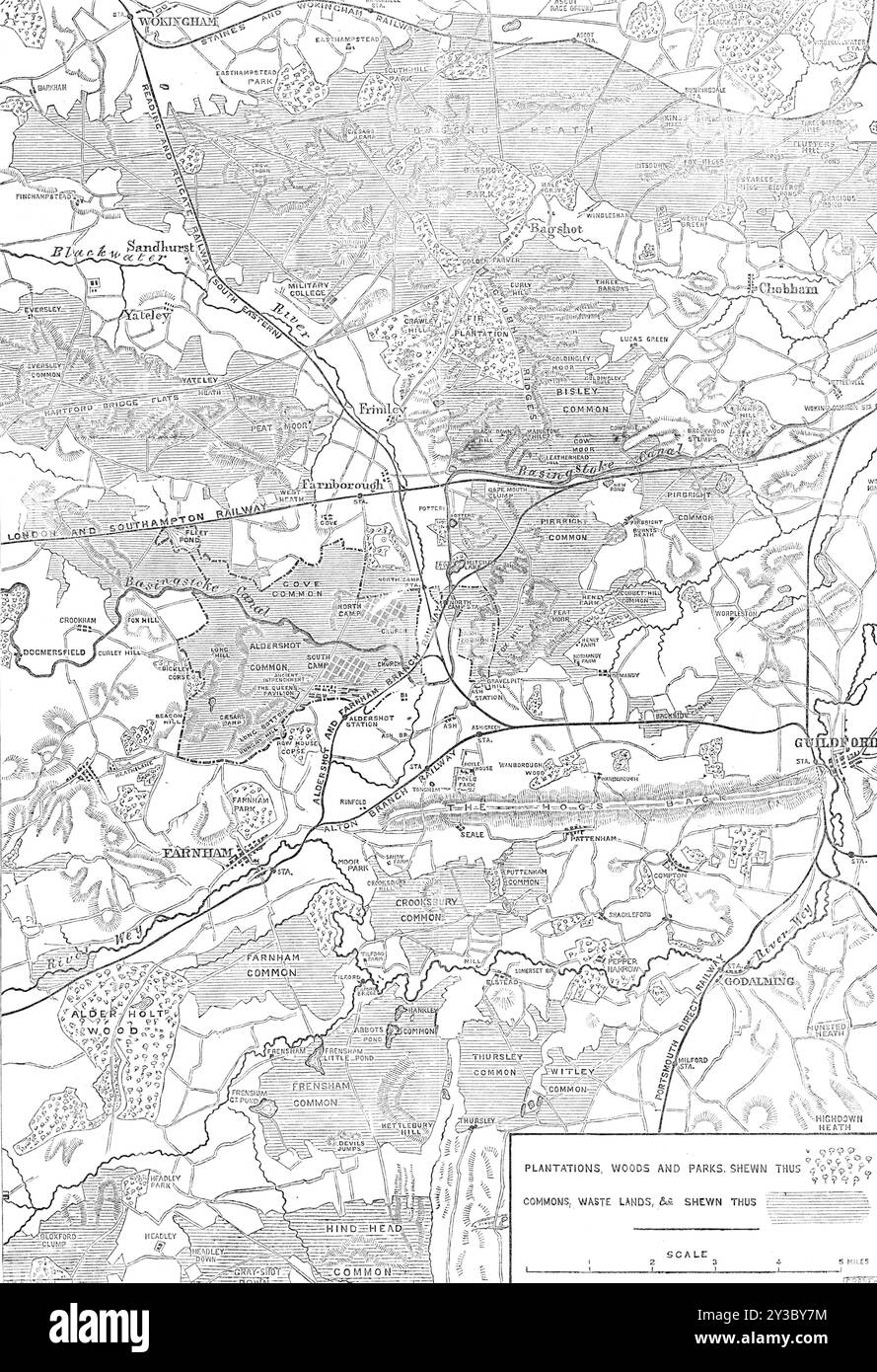 Die Herbstkampagne: Plan of the Country rund um Aldershott, 1871. Karte des Gebiets, das von der britischen Armee für militärische Manöver genutzt wurde, mit Plantagen, Wäldern, Parks, Gemeingut und „Müllland“. "Die vierte und letzte Schlacht der vierwöchigen Kampagne in der Nachahmung des Krieges, die von fast 36.000 Soldaten - Stammsoldaten, Milizen und Freiwilligen - geführt wurde, die unter Feldmarschall, dem Herzog von Cambridge, im Land um Aldershott [in Hampshire] versammelt wurden, wurde am Donnerstagwoche ausgetragen." Aus Illustrated London News, 1871. Stockfoto