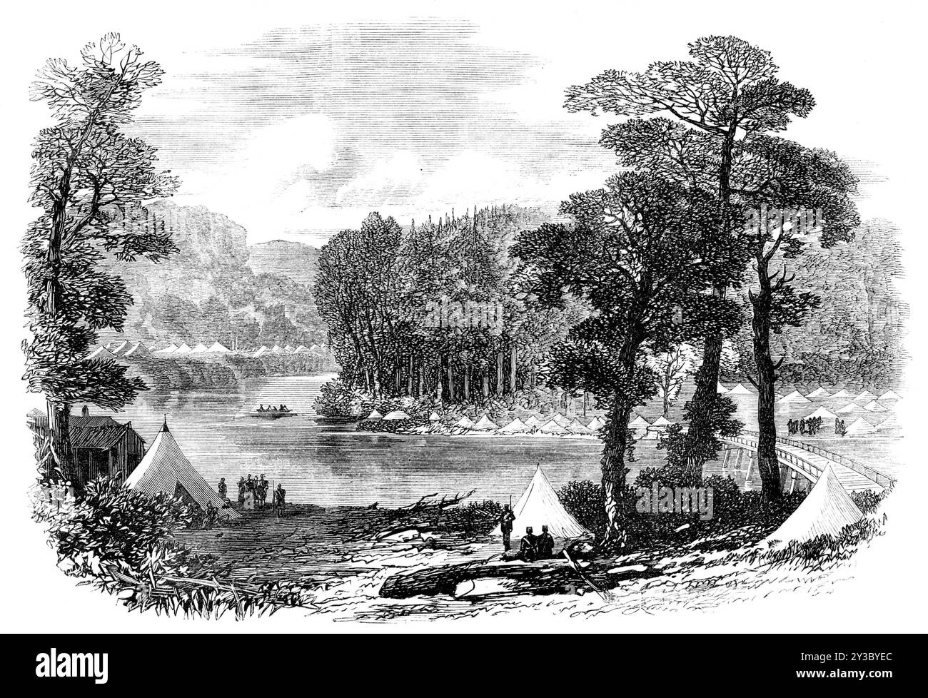 The Red River Expedition: Camp bei Malawin [sic] Bridge, 1871. Szene aus der britischen Militärexpedition zur Niederschlagung der Riel-Rebellion in der Red River Siedlung im heutigen Manitoba: „Um die Revolte der französisch-indischen Halbkästen niederzuschlagen... über die Annexion dieses Territoriums an das kanadische Dominion“. Gravur einer Skizze von Kapitän Huyshe, die das Hauptquartier an der Matawan-Brücke vor dem Start von Shebandowan darstellt. Der Ausgangspunkt für den längsten und schwierigsten Teil der Route war Lake Shebandowan, der sich in der Nähe des Zusammenflusses befindet Stockfoto