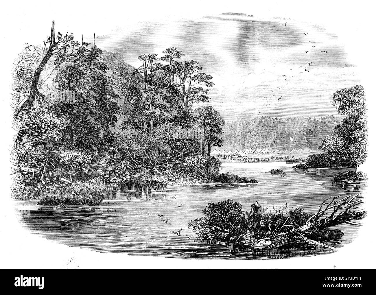 The Red River Expedition: Camp of the 60th Rifles bei Shebandowan, 1871. Szene aus der britischen Militärexpedition zur Niederschlagung der Riel-Rebellion in der Red River Siedlung im heutigen Manitoba: „Um die Revolte der französisch-indischen Halbkästen niederzuschlagen... über die Annexion dieses Territoriums an das kanadische Dominion“. Gravur einer Skizze von Captain Huyshe. „Der Ausgangspunkt für den längsten und schwierigsten Teil der Route war Lake Shebandowan, der nahe dem Zusammenfluss der Flüsse Matawan und Shebandowan liegt, etwa fünfzig Meilen landeinwärts vom westlichen Ufer des Sees entfernt Stockfoto