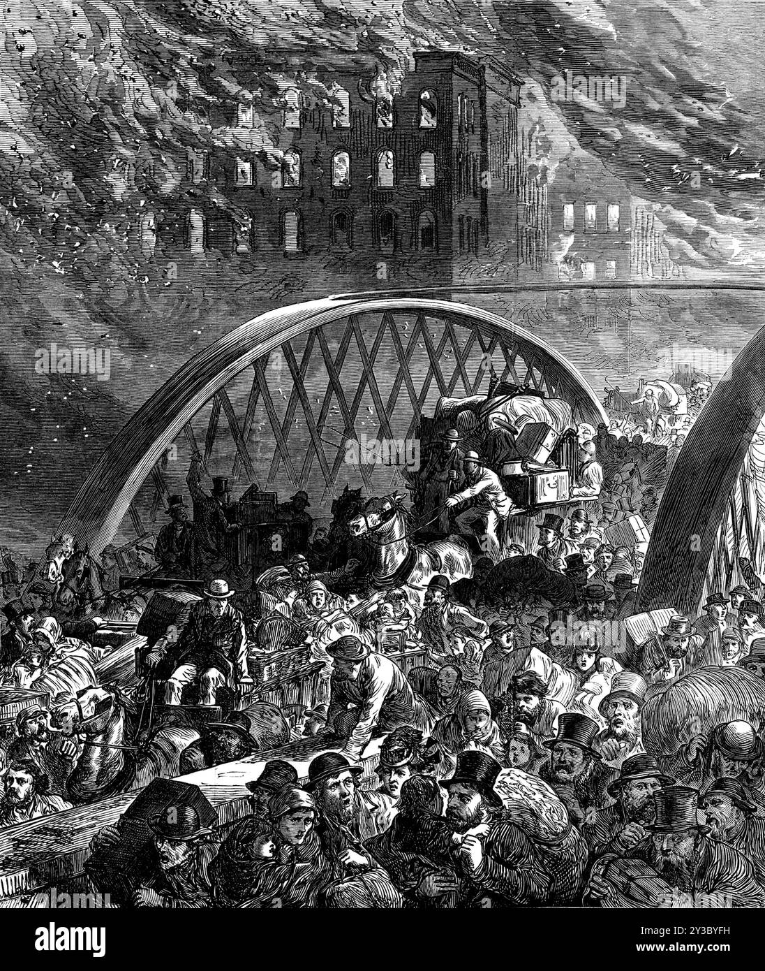 The Chicago Fire: The Randolph-Street Bridge, 1871. „Unsere Titelseite Engraving zeigt die Szene auf der Randolph-Street-Brücke über den Chicago River am Montag, den 9. Oktober, als eine Vielzahl von verängstigten Menschen - Männer, Frauen und Kinder - sich beeilten, aus dem brennenden Viertel der Stadt zu fliehen, viele von ihnen trugen wertvolle Gegenstände oder persönliche Gegenstände in tragbarer Größe und Form oder was auch immer für ihren persönlichen Komfort und für den ihrer Familie zu suchen schien.“ Aus Illustrated London News, 1871. Stockfoto