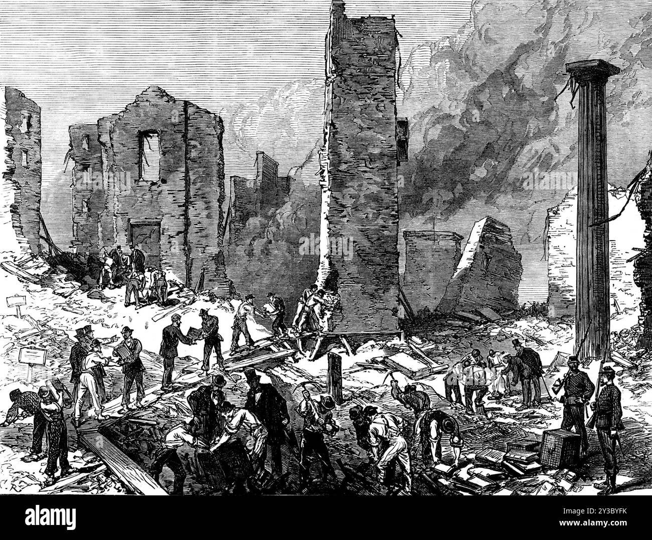 Chicago nach dem Feuer: Wertgegenstände aus den Bankgewölben, 1871. "Die Gesamtschäden für die Versicherungsgesellschaften wurden mit 60 Millionen Dollar gerechnet... die Menge des verbrannten Getreides betrug 1.600.000 Bushel, so dass 5.000.000 Bushel in elf Lagerhäusern noch intakt blieben. Die Hälfte der Schweinefleisch- und Mehlvorräte wurde vernichtet, und eine große Menge an Holz, Kohle, Leder, Lebensmitteln und Bekleidungsmaterial wurde zerstört. Es wird geschätzt, dass „die Stadt insgesamt einen Verlust von nicht weniger als 20 Prozent oder mehr als 25 Prozent an ihrem gesamten Vermögen erlitten hat, egal ob sie real oder persönlich ist“. Die energiegeladenen und en Stockfoto