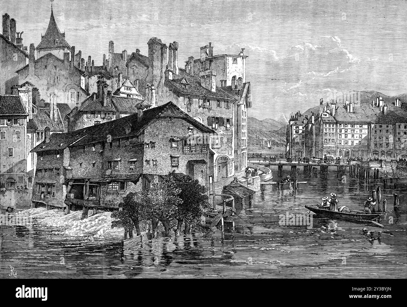 Alte Gerbereien an der Rhone, Genf, 1871. „Die Stadt Genf... verdankt ihren Reiz für Reisende mehr der Landschaft des Sees und der Rhone in ihrer unmittelbaren Nachbarschaft als den feinen architektonischen Strukturen. Die Ufer des Sees, nicht flach, aber sanft vom Wasser aufragend, sind mit eleganten Villen in Gärten gesäumt, die eine ziemlich englische Seite haben... Fernsicht auf den Jura, sogar auf den Mont Blanc und andere Alpen von Savoyen, kann bei klarem Wetter von einigen günstigen Orten aus erreicht werden. Die Promenaden auf den Stadtmauern und am rechten Flussufer im Quartier Stockfoto