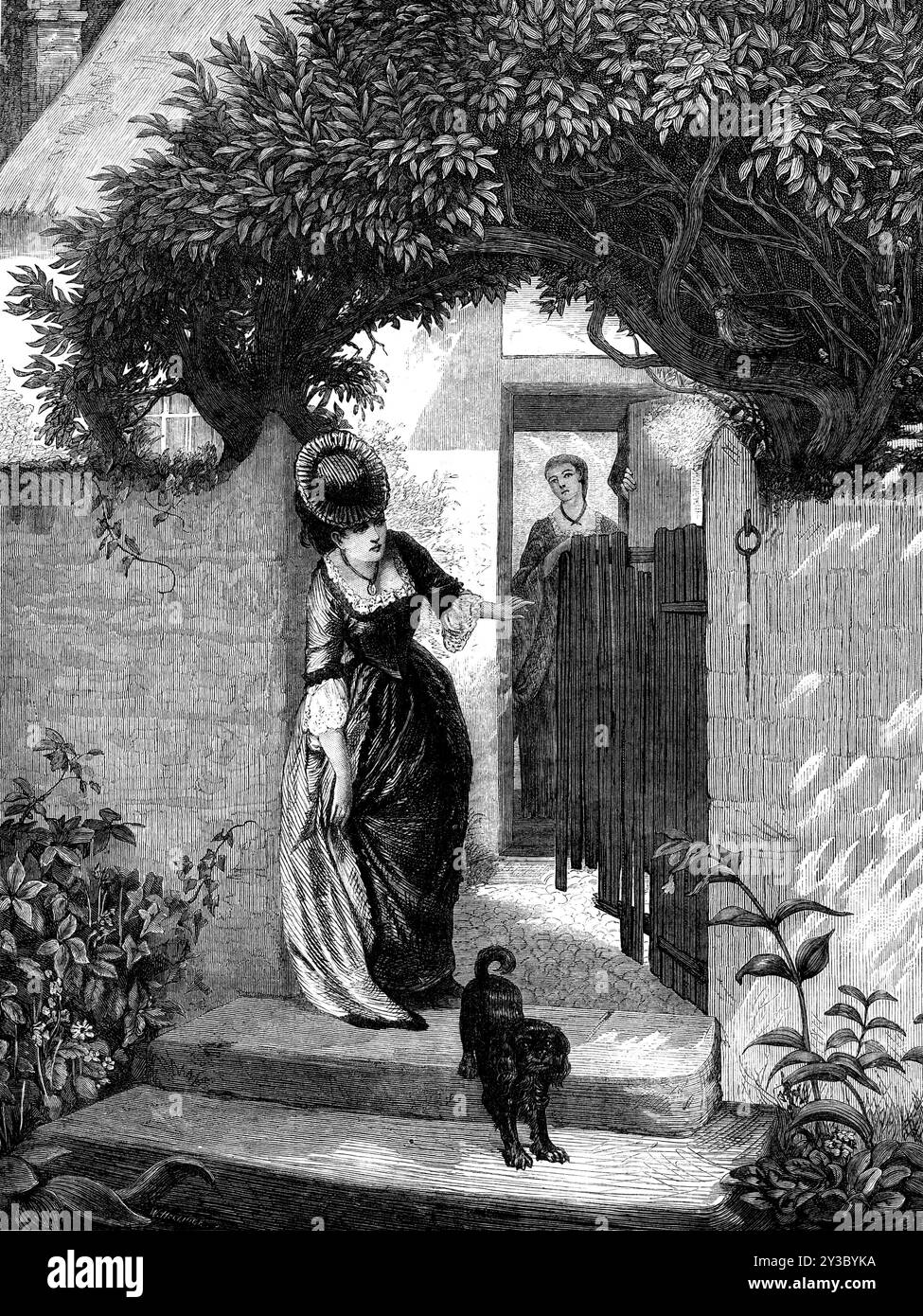 "The Hour but not the man" von Mr. Holyoake in der Ausstellung der neuen britischen Institution, 1871. Gravur eines Gemäldes. "In der gemeinsamen Galanterie muss man mit der Angst dieser jungen Damen sympathisieren, doch gibt es nichts so ernstes, dass wir den Humor der Situation nicht genießen könnten; denn ist es nicht eine perverse Tendenz menschlicher Natur, bei Jung und Alt, sich heimlich über die sentimentalen Sorgen anderer zu freuen?... der Häftlinge der verkörperten Abgeschiedenheit dieser rustikalen Wohnung wissen wir nichts außer der sichtbaren Tatsache, dass unter der Zahl zwei sehr hübsche Mädchen sind Stockfoto