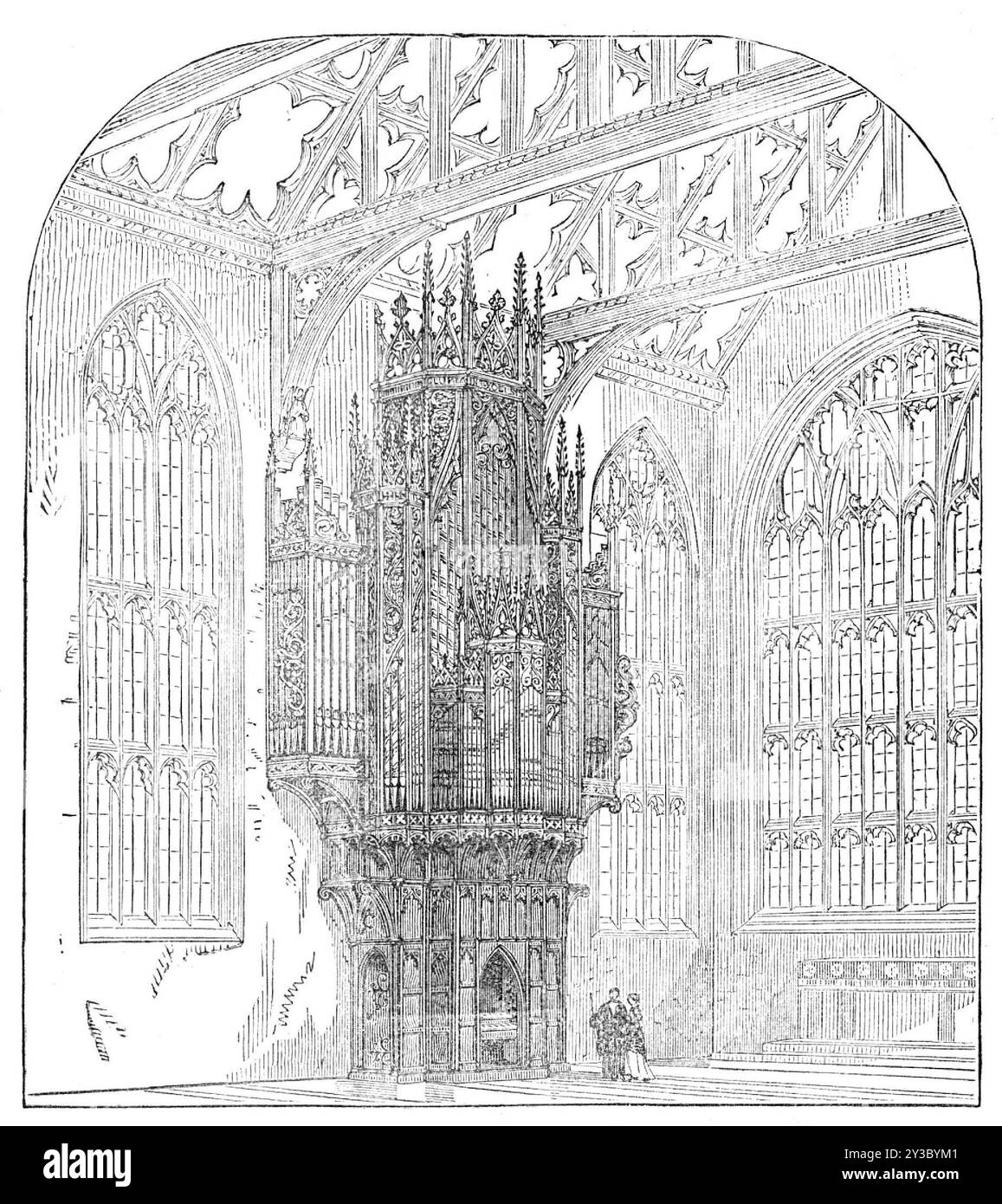 Neue Orgel für St. Mary's Church, Nottingham, 1871. "Die neue Orgel... wurde von Mr. W. T. Best getestet, spielte bei zwei öffentlichen Aufführungen... das Ergebnis war für die Gemeinde am zufriedenstellendsten, für den Pfarrer F. Morse, den Vikar, Mr. Noble, Organist der Kirche, und für Bischof und Starr, die Erbauer der Orgel. Dieses feine Instrument, das &#xa3;12.000 ohne Gehäuse kostet, hat 2422 Rohre und steht 40 m In der Höhe, seine extreme Breite beträgt 25 Fuß. Und seine Tiefe 8 Fuß. Die vorderen Rohre sind aus gepunktetem Metall, die Innenrohre aus drei Teilen führen zu einem Teil Zinn. Der Kompass von Stockfoto