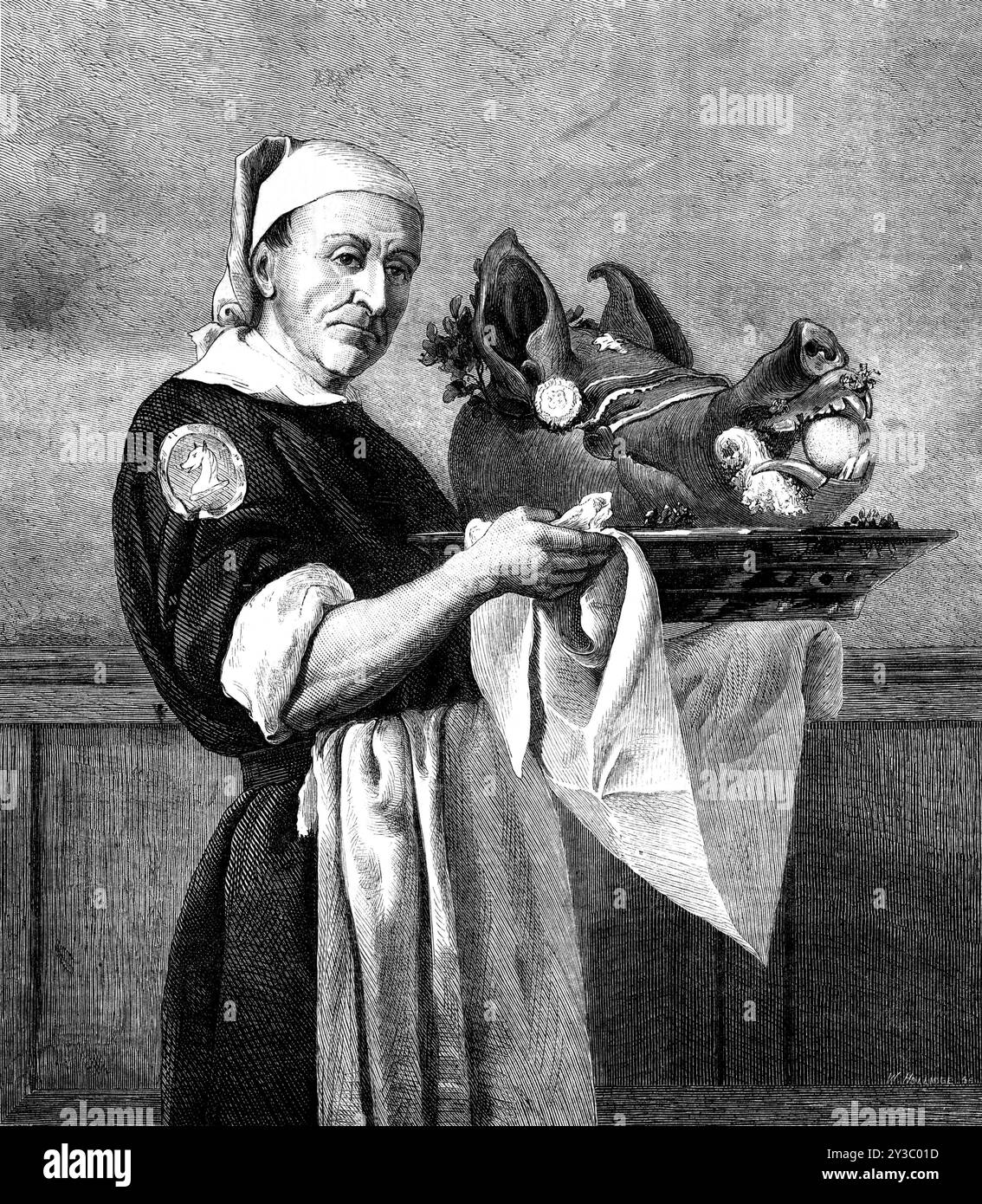 "Bring in the Eber's Head" von H. S. Marks, A.R.A., 1871. Gravur eines Gemäldes. In Märschen der Steward mit seinem weißen Zauberstab, gefolgt vom Chefkoch. Er trägt in einem geräumigen Gericht die edelste Weihnachtsviands - einen eingesättigten Eberkopf, dekoriert mit Bucht und Rosmarin, und eine Zitrone zwischen den grinsenden Zähnen stecken... die klangvollste und effektivste Stimme in der Halle hebt das gewohnte Lied für diese Zeremonie von „Bring in the Eberkopf“ hervor. Caput apri defero; Reddens laudes Domino. Der Eberkopf in der Hand bringt mich, mit Girlanden Schwulen und Rosmarin; ich bete Stockfoto