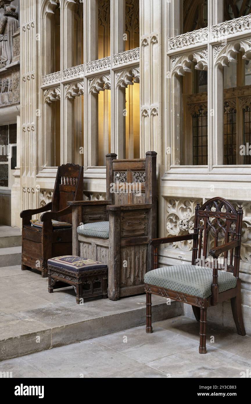 Innenansicht, Stuhl, Bath Abbey, Bath, England, Großbritannien Stockfoto