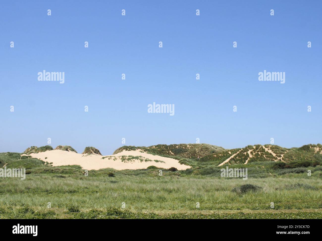 Pfade durch hohe Gras bedeckte Sanddünen-Landschaft vor dem Meer und hellblaues Meer im Sommersonnenlicht an der Küste von sefton in merseyside Stockfoto