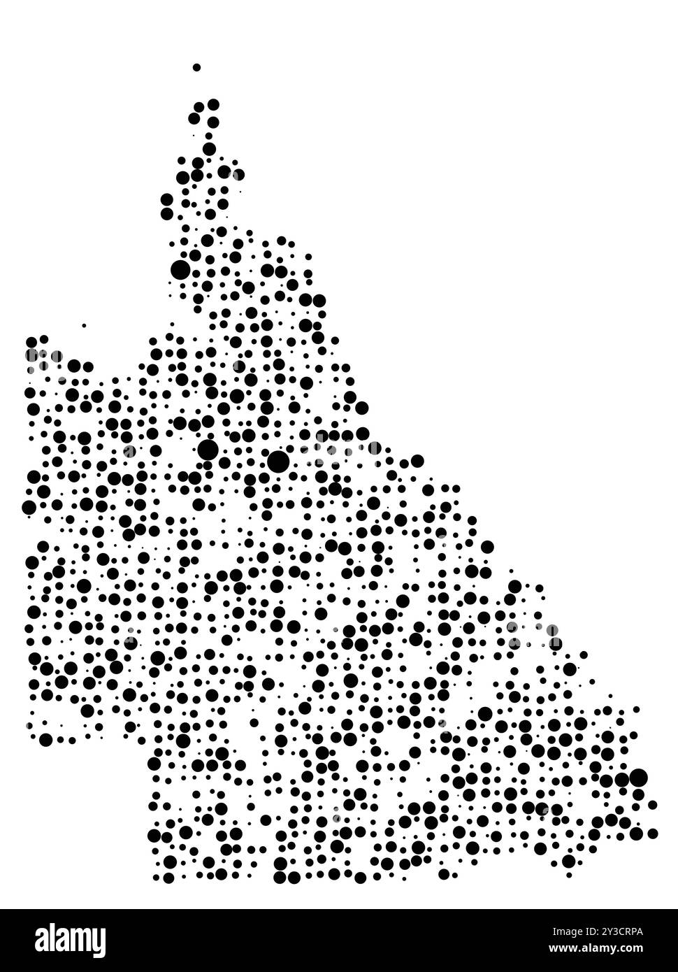 Symbolkarte des Bundesstaates Queensland (Australien), die das Territorium mit einem Muster zufällig verteilter schwarzer Kreise unterschiedlicher Größe zeigt Stock Vektor