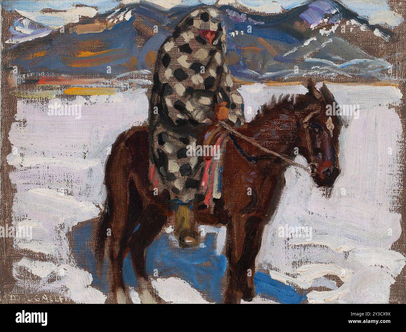 Ureinwohner auf dem Pferd in Snow, 1925. Stockfoto