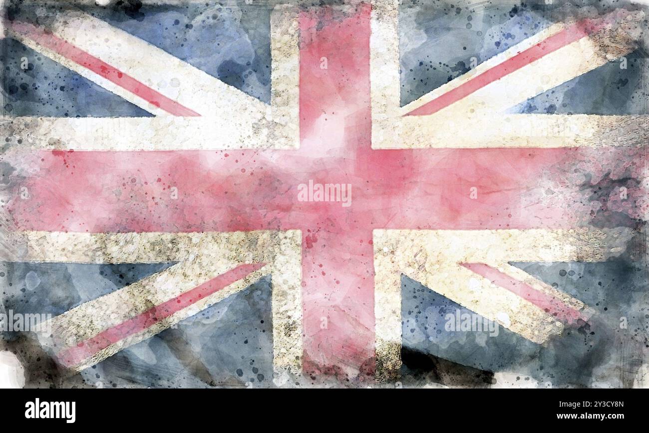 Aquarellbild einer alten union Jack britischen Flagge mit dunklen Kanten Stockfoto