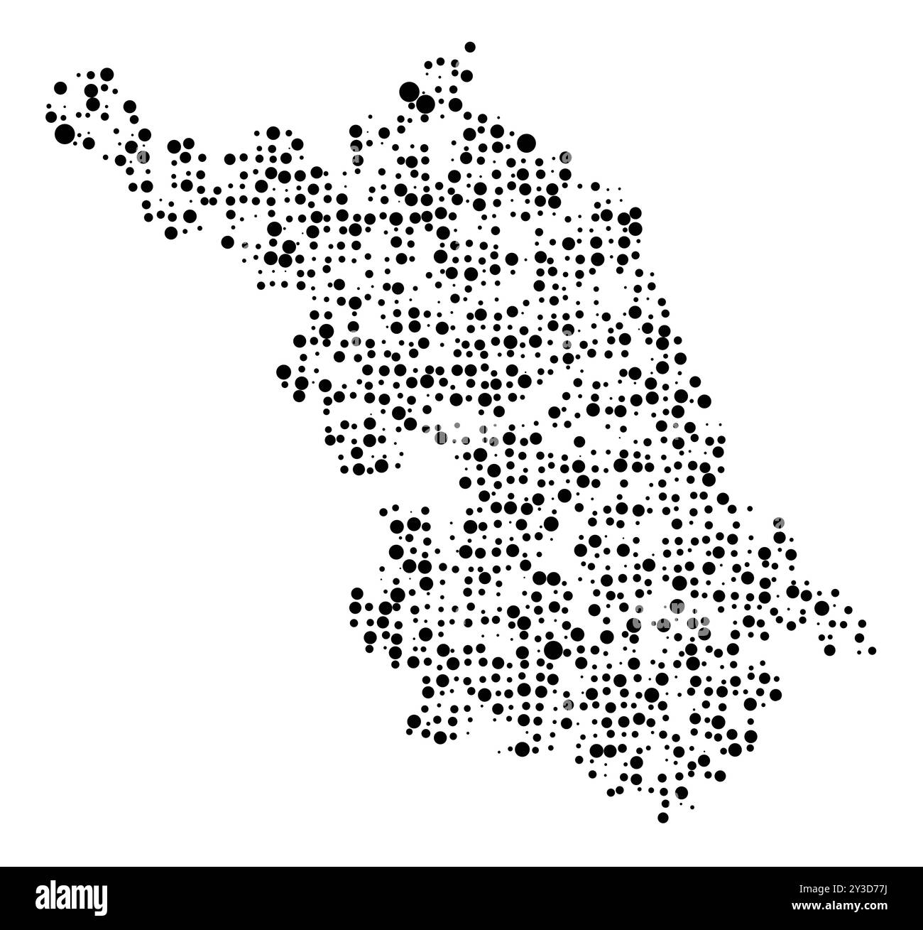 Symbolkarte der Provinz Jiangsu (Volksrepublik China), die das Territorium mit einem Muster zufällig verteilter schwarzer Kreise von differen zeigt Stock Vektor