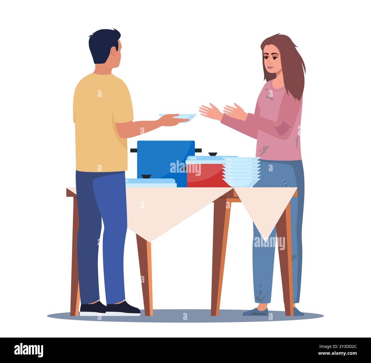 Obdachlose erhalten Nahrung von Freiwilligen, die für arme Menschen, die arbeitslos sind, aus einer Unterkunft. Freiwillig bei einer Wohltätigkeitsorganisation, die Obdachlosen Mittagessen schenkt Stock Vektor