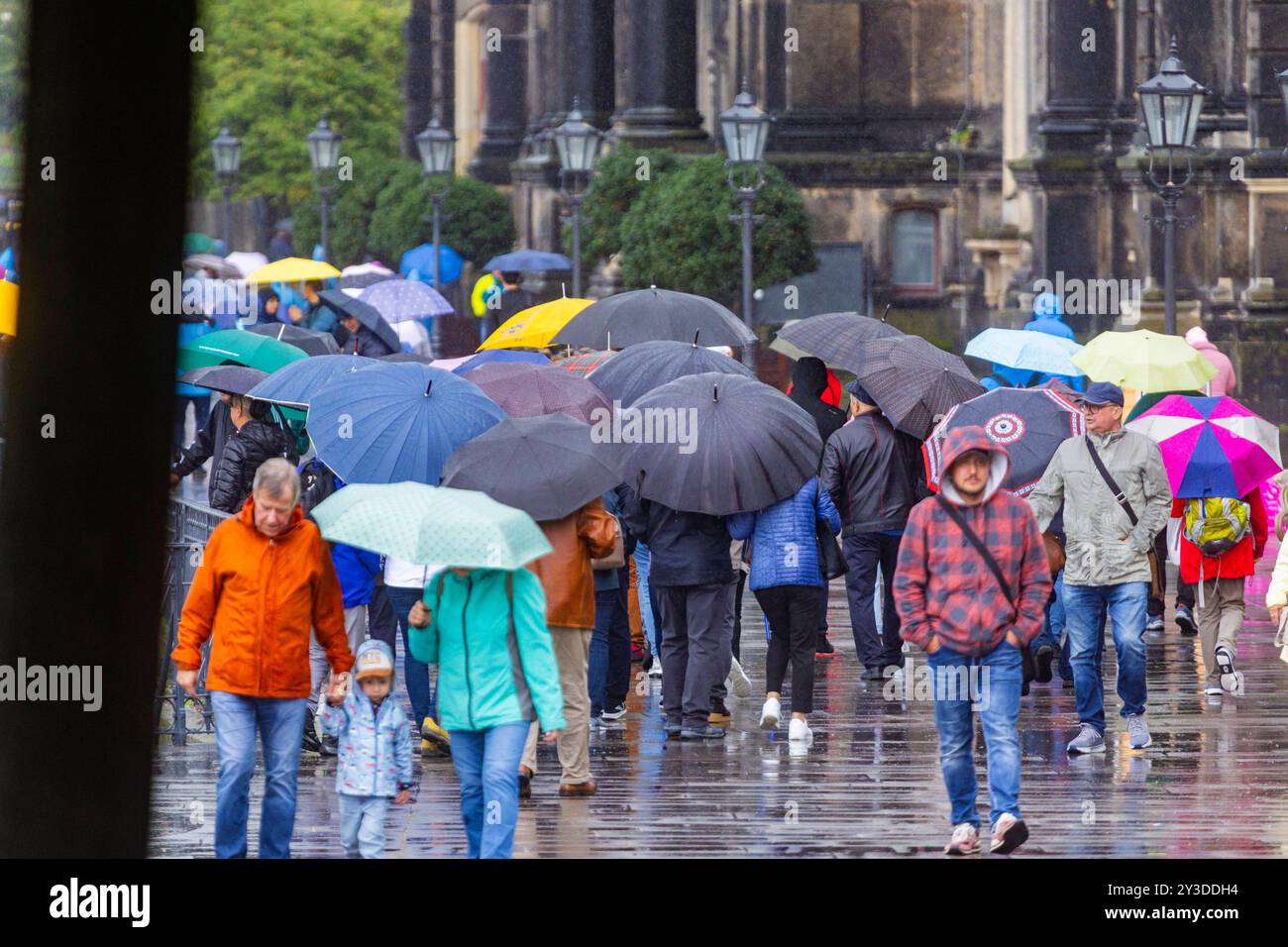 Dauerregen in Dresden Touristen mit Regenschirmen auf der Brühlschen Terrasse in Dresden Dresden Dresden Sachsen Deutschland *** Dauerregen in Dresden Touristen mit Regenschirmen auf der Brühls Terrasse in Dresden Dresden Dresden Sachsen Deutschland Stockfoto