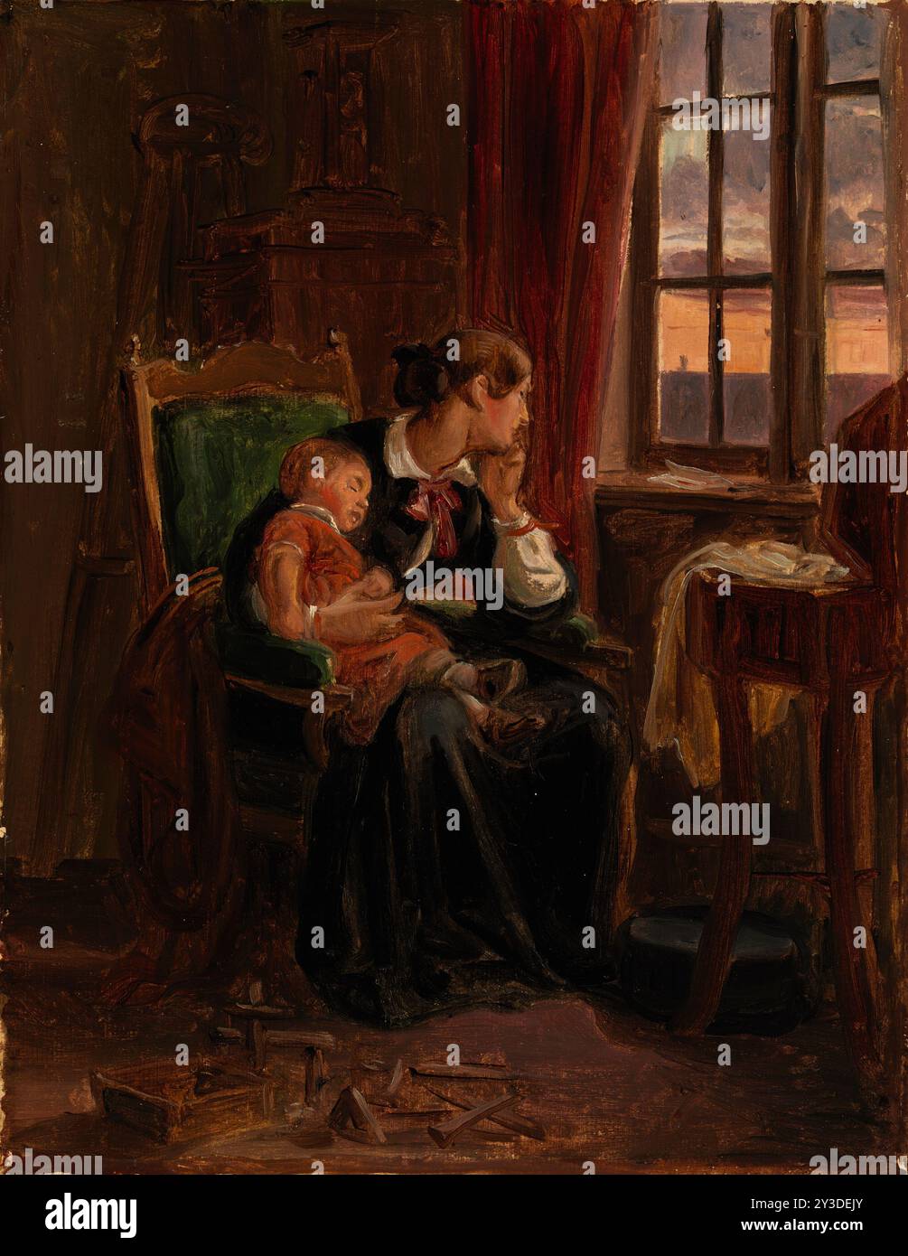Sehnsucht, Mitte des späten 19. Jahrhunderts. Eine Frau, die ein schlafendes Kind hält, beobachtet die Außenwelt durch ein Fenster. Stockfoto