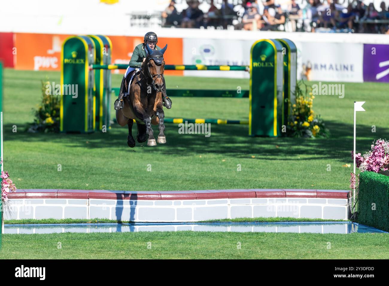 Calgary, Kanada - 7. September 2024. Michael Pender aus Irland, Reiten HHS Calais, tritt beim BMO Nations Cup während des CSIO Spruce Meadows - Master an Stockfoto