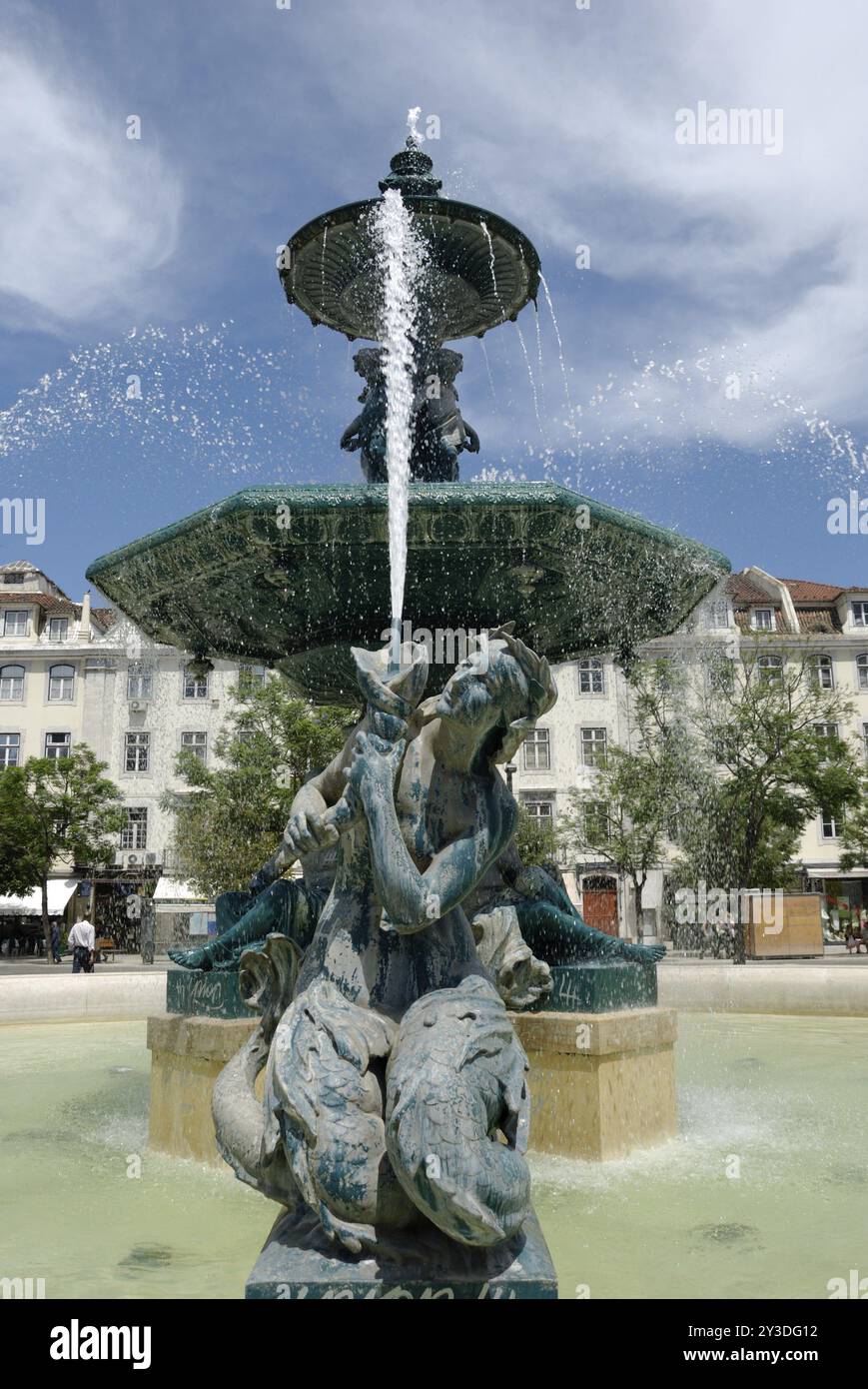 Brunnen am Praca Dom Pedro IV, Rossio, Lissabon Stockfoto