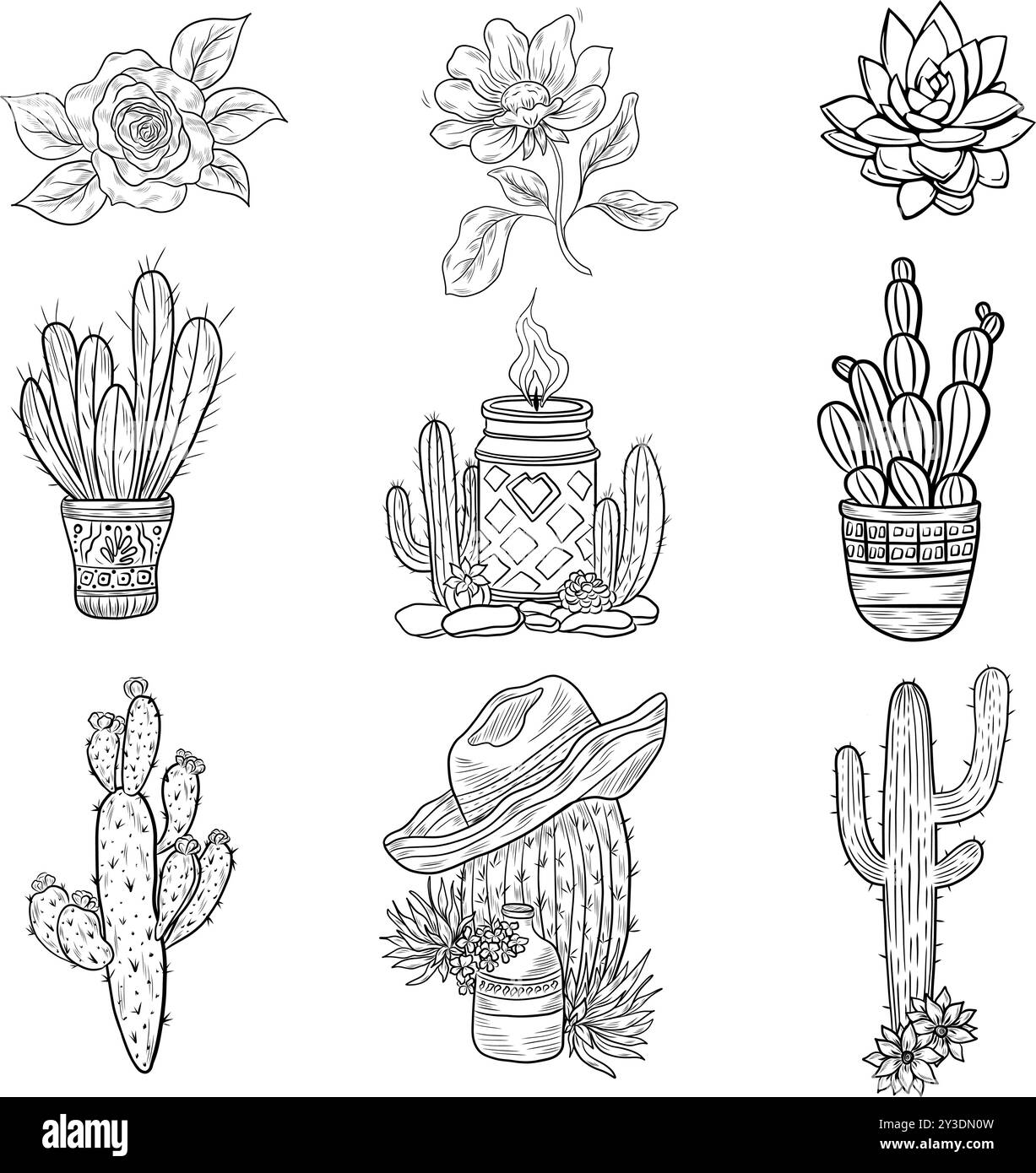 Vektorsatz von Kakteen. Handgezeichnete Cinco de Mayo Illustration. Halloween-Outlines. Stock Vektor