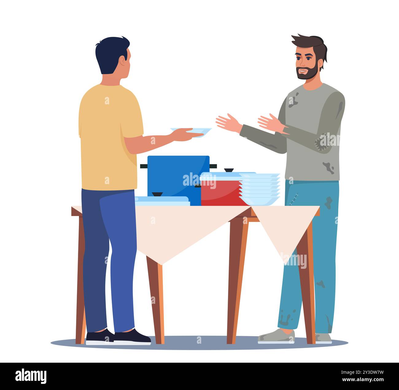 Obdachlose erhalten Nahrung von Freiwilligen, die für arme Menschen, die arbeitslos sind, aus einer Unterkunft. Freiwillig bei einer Wohltätigkeitsorganisation, die Obdachlosen Mittagessen schenkt Stock Vektor