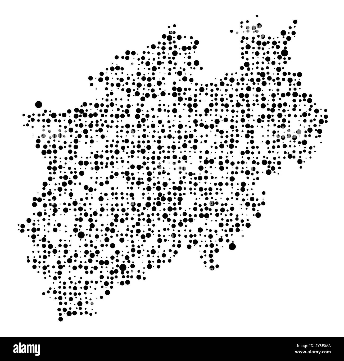 Symbolkarte des Bundeslandes Nordrhein-Westfalen (Deutschland), die das Bundesland mit einem Muster zufällig verteilter schwarzer Kreise unterschiedlicher si zeigt Stock Vektor