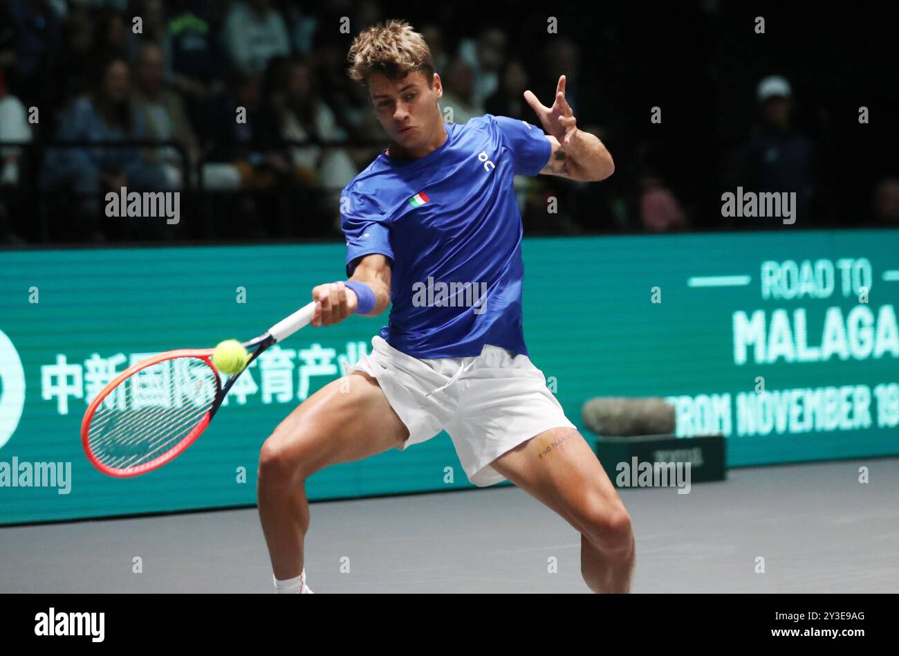 Bologna, Italien. September 2024. Flavio Cobolli während des Tennis Davis Cup Finale 8 Spiel zwischen Flavio Cobolli (Italien) und Zizou Bergs (Belgien) in der Unipol Arena, Casalecchio (Bologna), Bologna, Norditalien, Freitag, September 2024. Sport - Tennis - (Foto Michele Nucci Credit: LaPresse/Alamy Live News Stockfoto