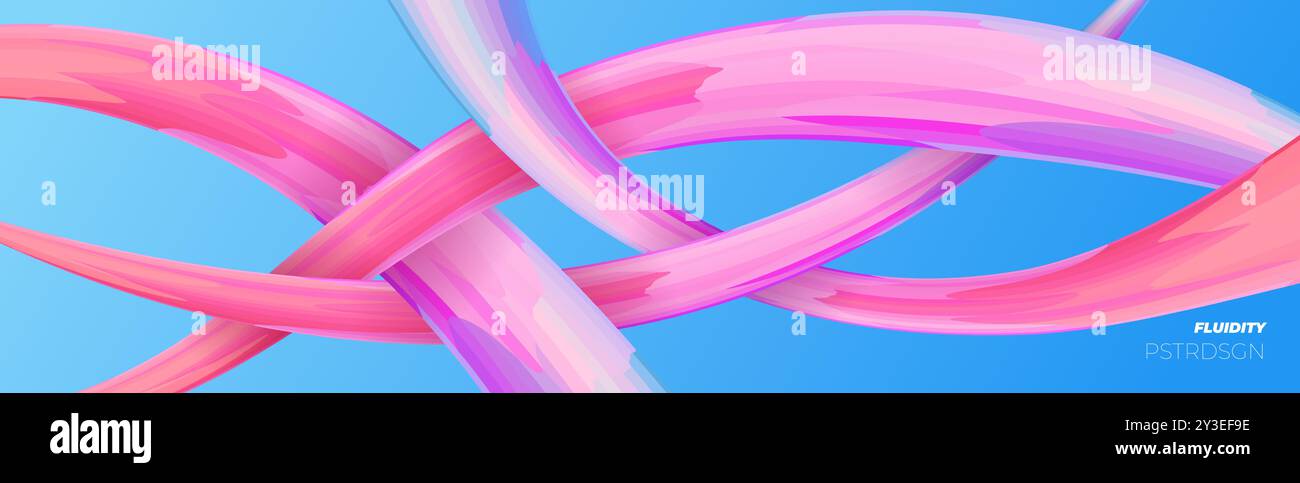 Moderne Fließkomposition Banner. Abstrakte wellenförmige 3D-flüssige Formen auf blauem Hintergrund. Kunstdruck mit fließendem Abstraktionsmuster. Verlaufsfließende Kunststoffstriche auf trendiger EPS-Posterschablone Stock Vektor
