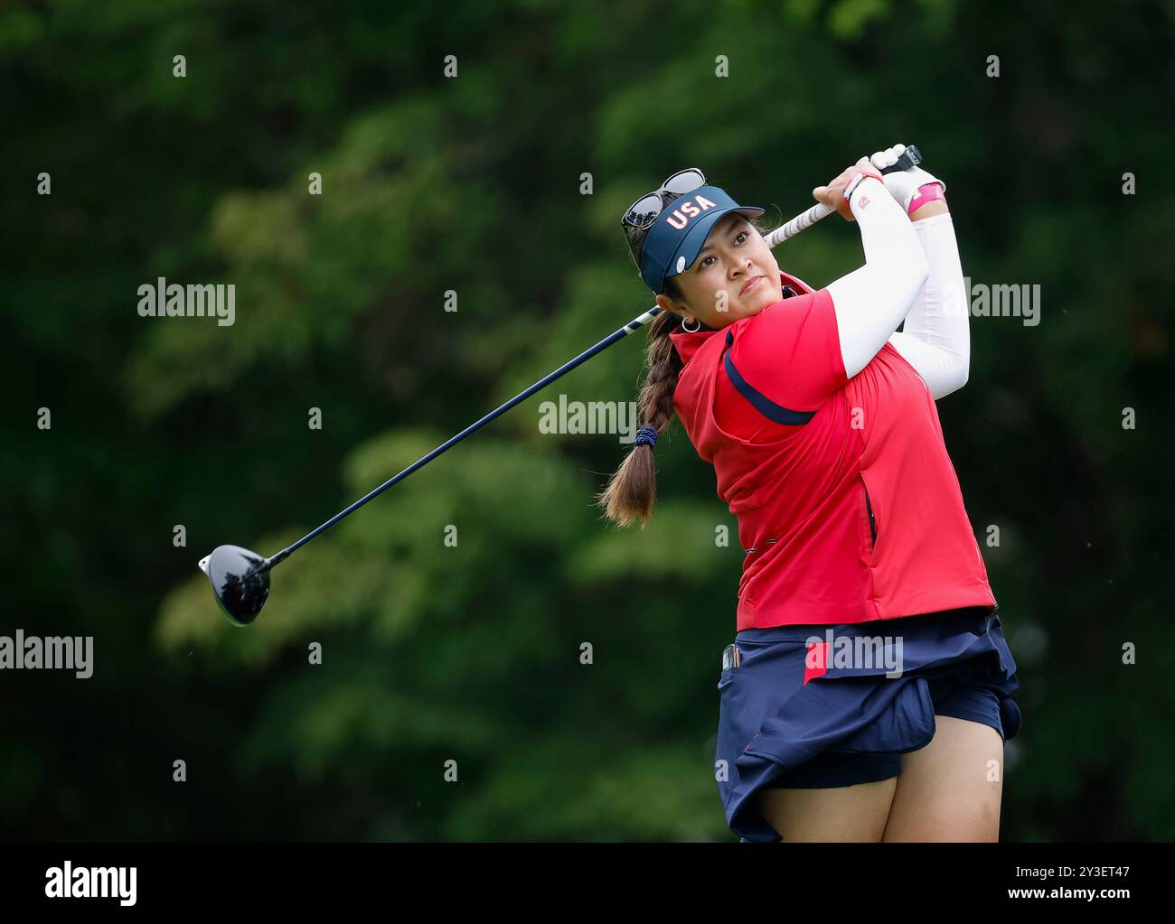 Gainesville, Virginia, USA. September 2024. Lilia Vu vom Team USA fährt den Ball während des Solheim Cup auf dem Robert Trent Jones Golfplatz in Gainesville, Virginia. Justin Cooper/CSM/Alamy Live News Stockfoto