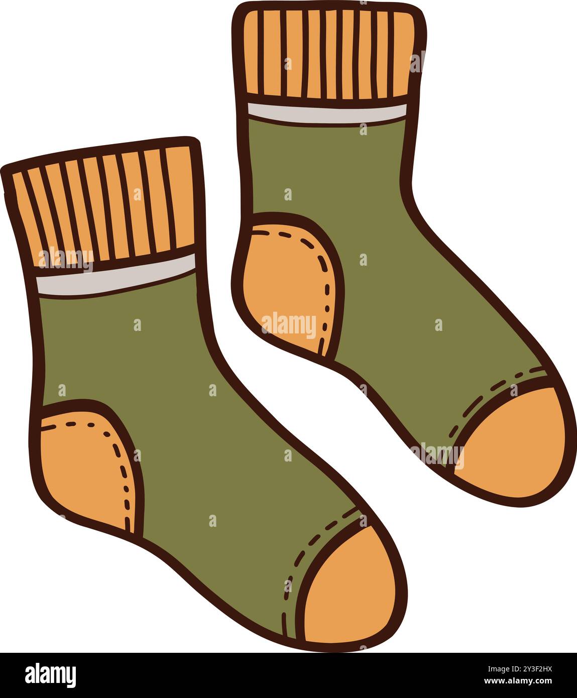 Kuschelige, warme Socken mit Kritzelverschluss. Vektor-Illustration in trendigem Doodle-Stil isoliert auf weißem Hintergrund. Kleidung für Winter, Neujahr und Weihnachten Stock Vektor