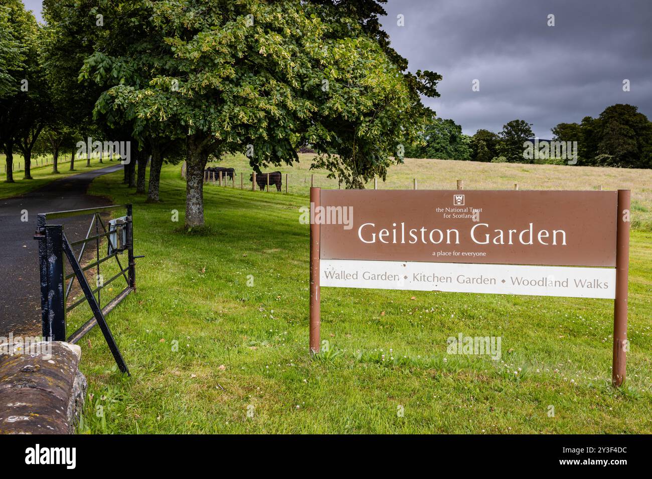 Geilston Gardens, Cardross, Dumbarton, Schottland Großbritannien, 07.03.2024: Schild des NTS National Trust for Scotland am Eingang zum Geilston Garden, A Place for Stockfoto