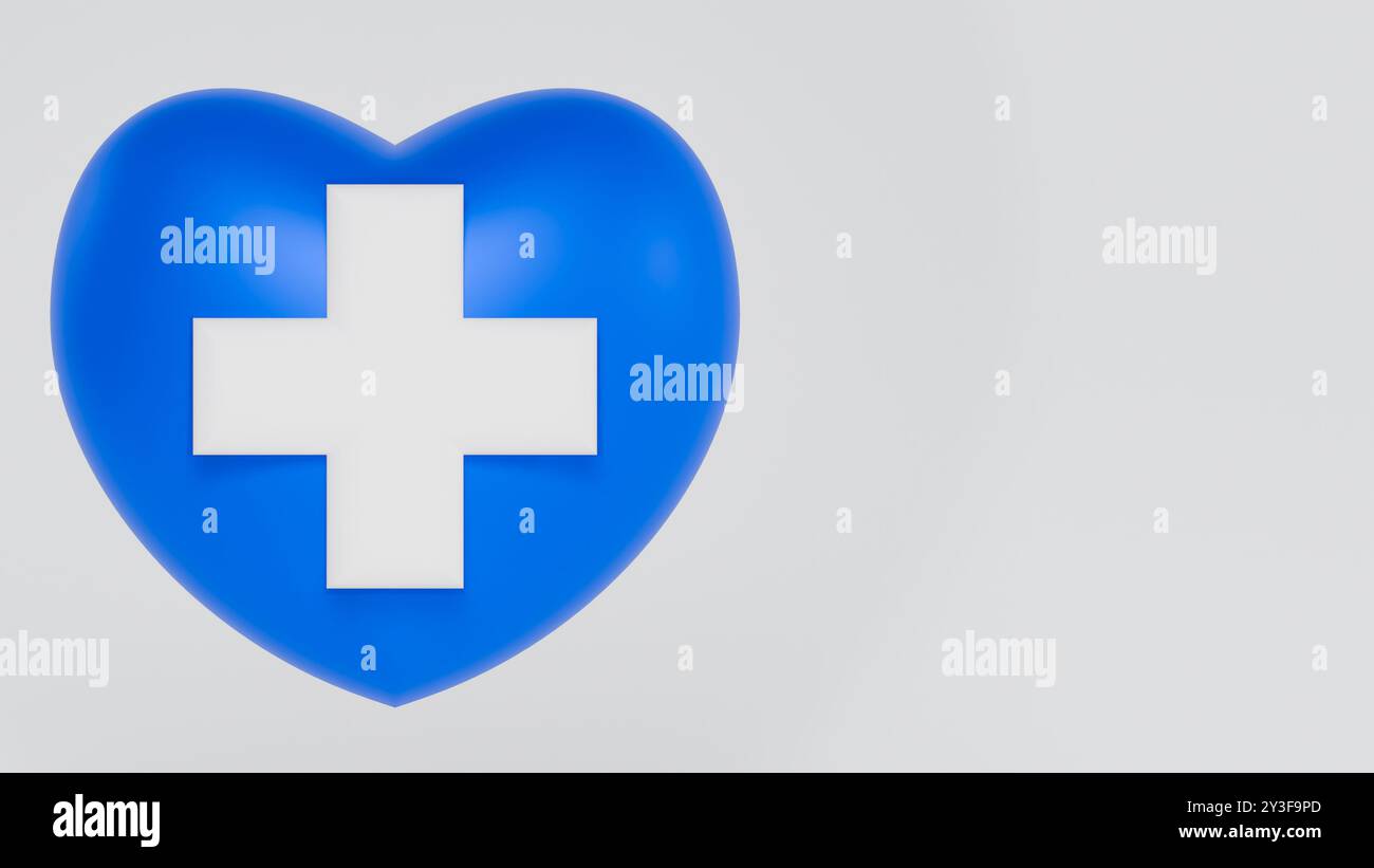 Ein blaues Herz mit einem weißen Kreuz in der Mitte. Ein modernes, minimalistisches Symbol für Gesundheit und Wohlbefinden. Perfekt für Designs im Zusammenhang mit der Medizin. Stockfoto