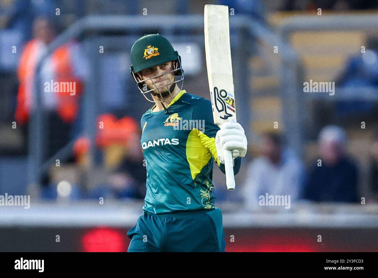 #23, Jake Fraser-McGurk aus Australien feiert sein halbes Jahrhundert während des zweiten Vitality T20 International Matches zwischen England und Australien in Sofia Gardens, Cardiff am Freitag, den 13. September 2024. (Foto: Stuart Leggett | MI News) Credit: MI News & Sport /Alamy Live News Stockfoto