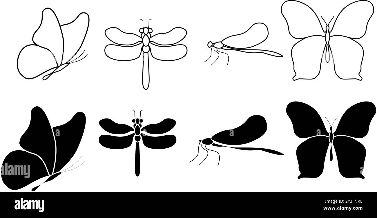 Symbole für Schmetterlingslinien gesetzt. Kollektion mit Symbolen im linearen Stil, Umrissschilder. Insekten Tiere Vektorgrafiken. Set enthält Symbole wie Schmetterlingsflügel, Stock Vektor