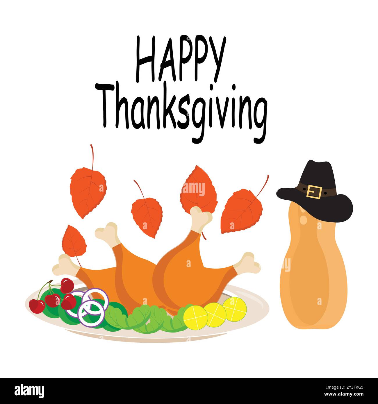 Thanksgiving-Themenabbildung mit gebratenem truthahn, Kürbis, Herbstblättern und Pilgerhut, perfekt für eine Vielzahl von festlichen Produkten. Stock Vektor