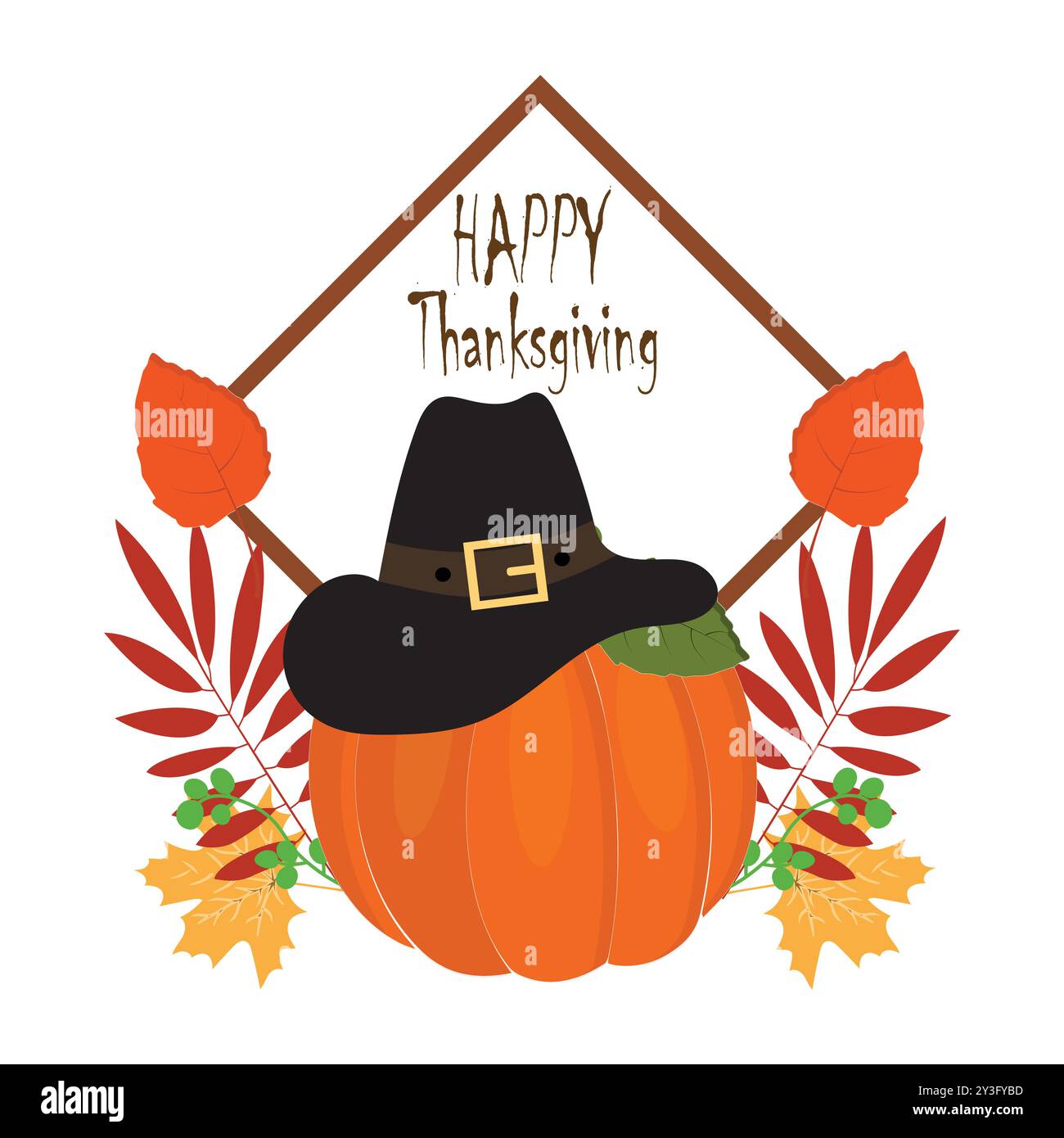 Thanksgiving-Themenabbildung mit gebratenem truthahn, Kürbis, Herbstblättern und Pilgerhut, perfekt für eine Vielzahl von festlichen Produkten. Stock Vektor