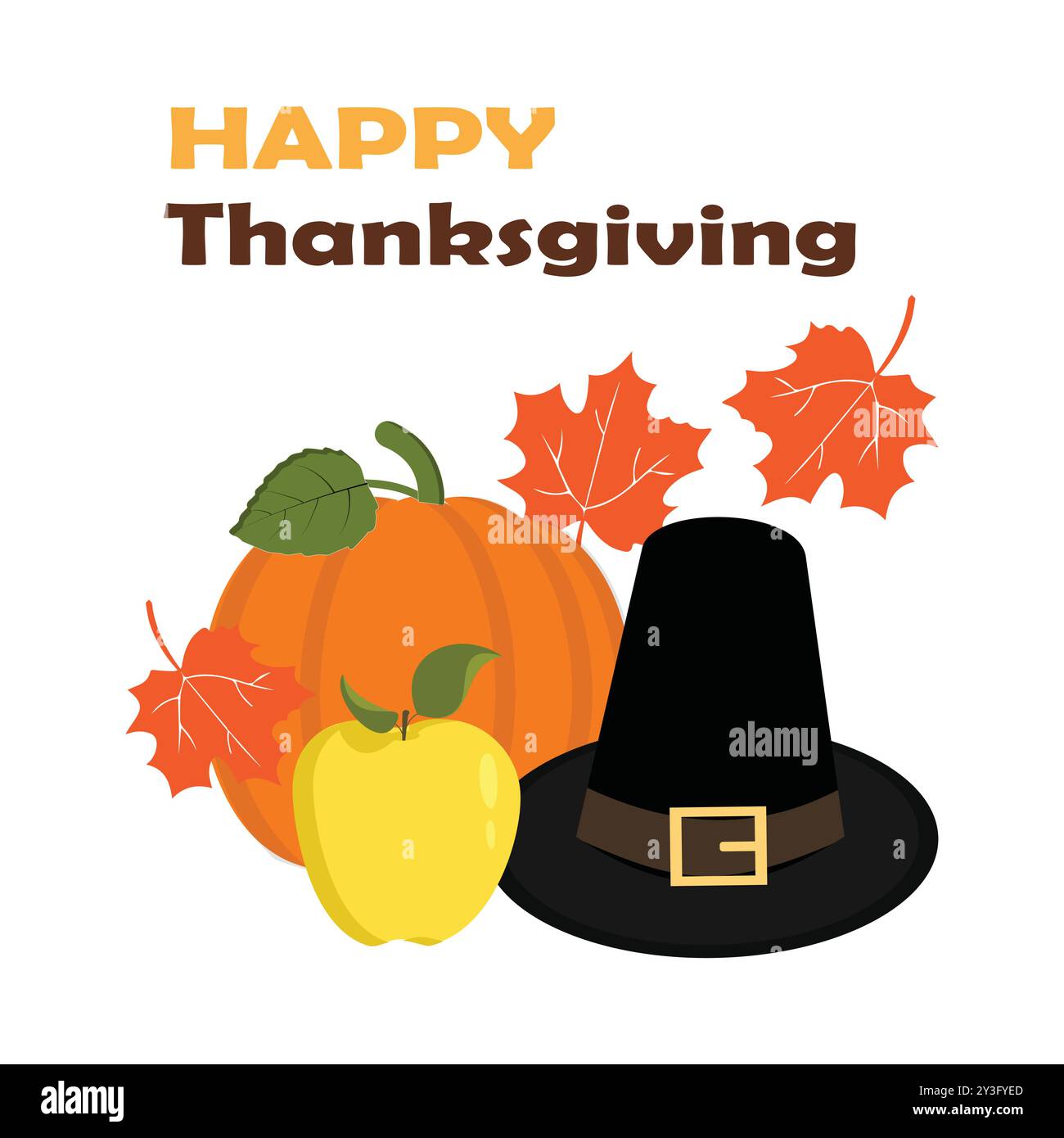 Thanksgiving-Themenabbildung mit gebratenem truthahn, Kürbis, Herbstblättern und Pilgerhut, perfekt für eine Vielzahl von festlichen Produkten. Stock Vektor