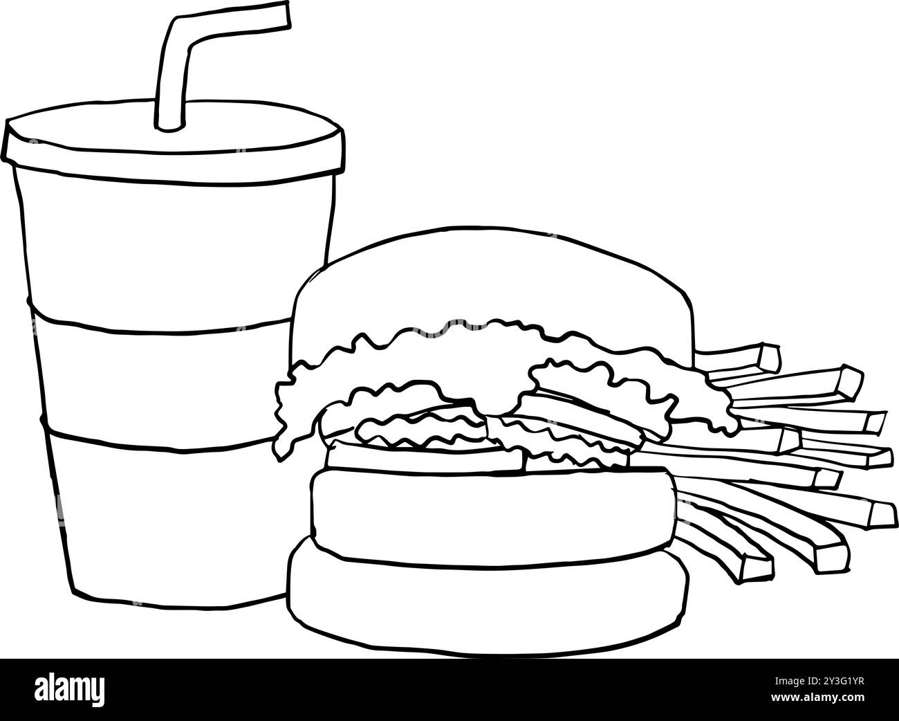 Handgezeichnete Illustration von Burger, Pommes und Limonade, Set von Fast Food, Burger und Pommes Kritzeleien Stock Vektor