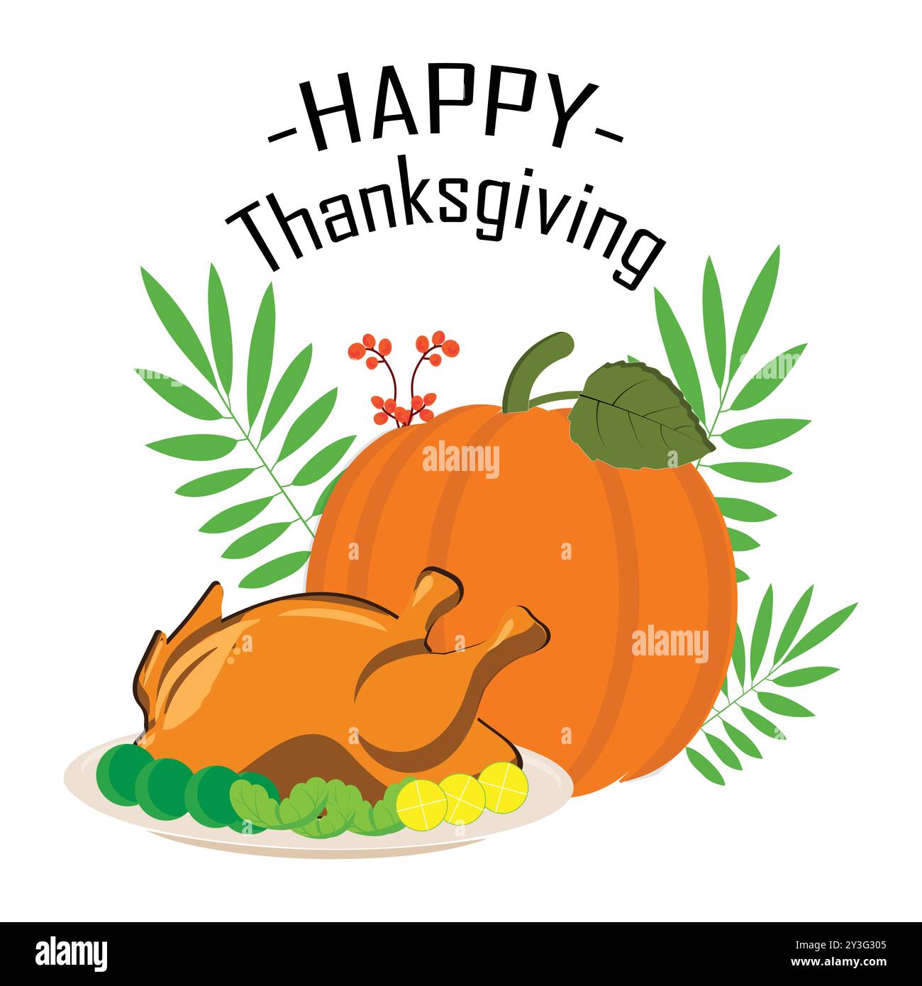 Thanksgiving-Themenabbildung mit gebratenem truthahn, Kürbis, Herbstblättern und Pilgerhut, perfekt für eine Vielzahl von festlichen Produkten. Stock Vektor