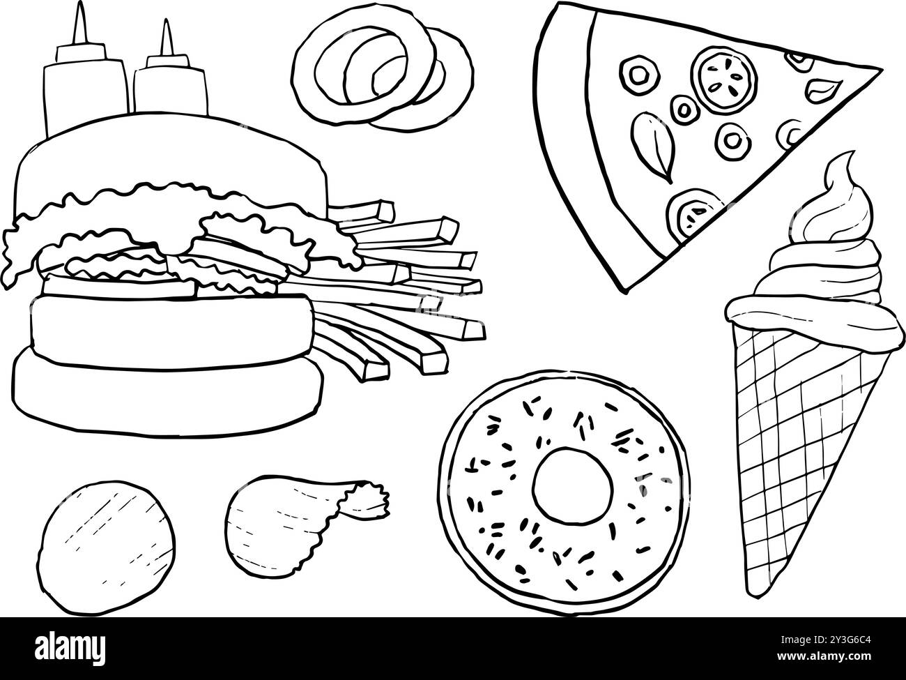 Handgezeichnete Fastfood-Illustration, Set von Fastfood-Kritzeleien Stock Vektor
