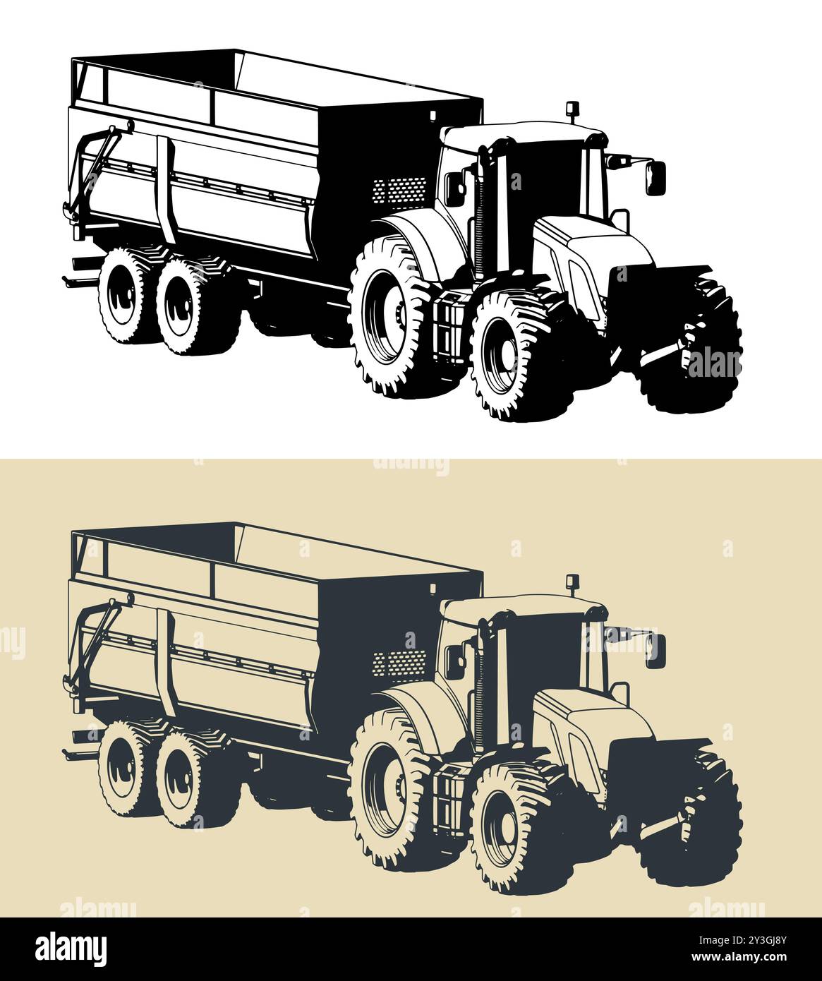 Stilisierte Vektorabbildungen eines Traktors mit Anhänger Stock Vektor